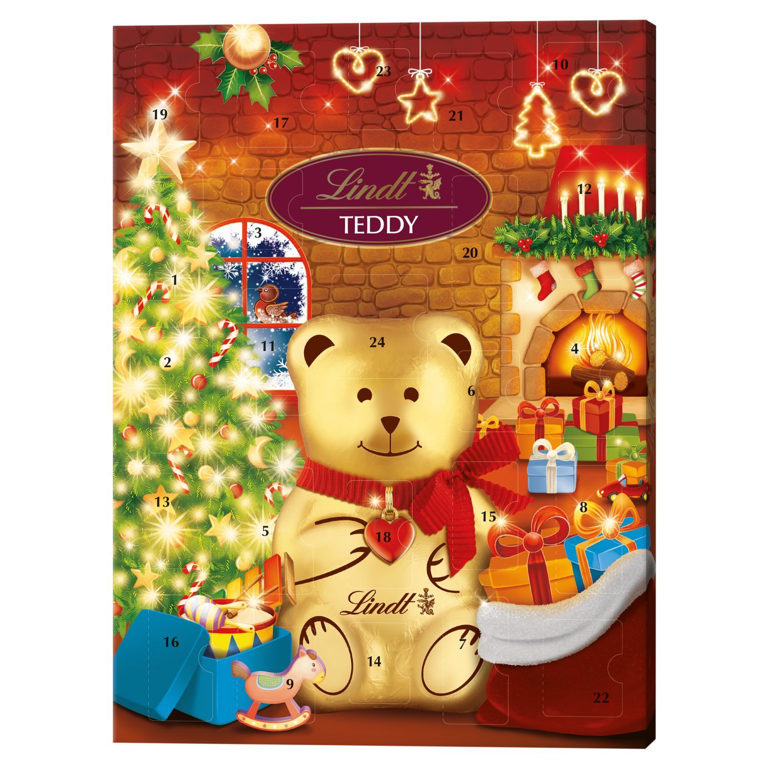 Trvanlivé potraviny - Lindt Teddy Adventní kalendář s mléčnou čokoládou, bílou a mléčnou čokoládou s různými náplněmi 170g