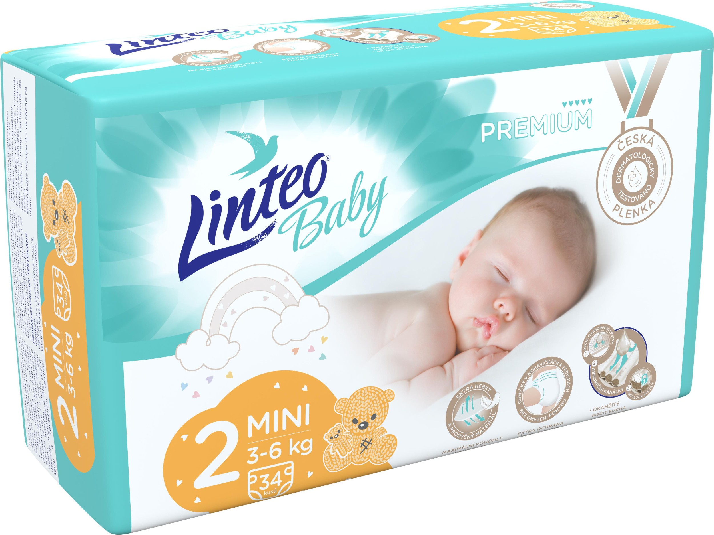 Svět dětí - Linteo Baby Prémiové plenky č.2 Mini, 3-6 kg, 34ks