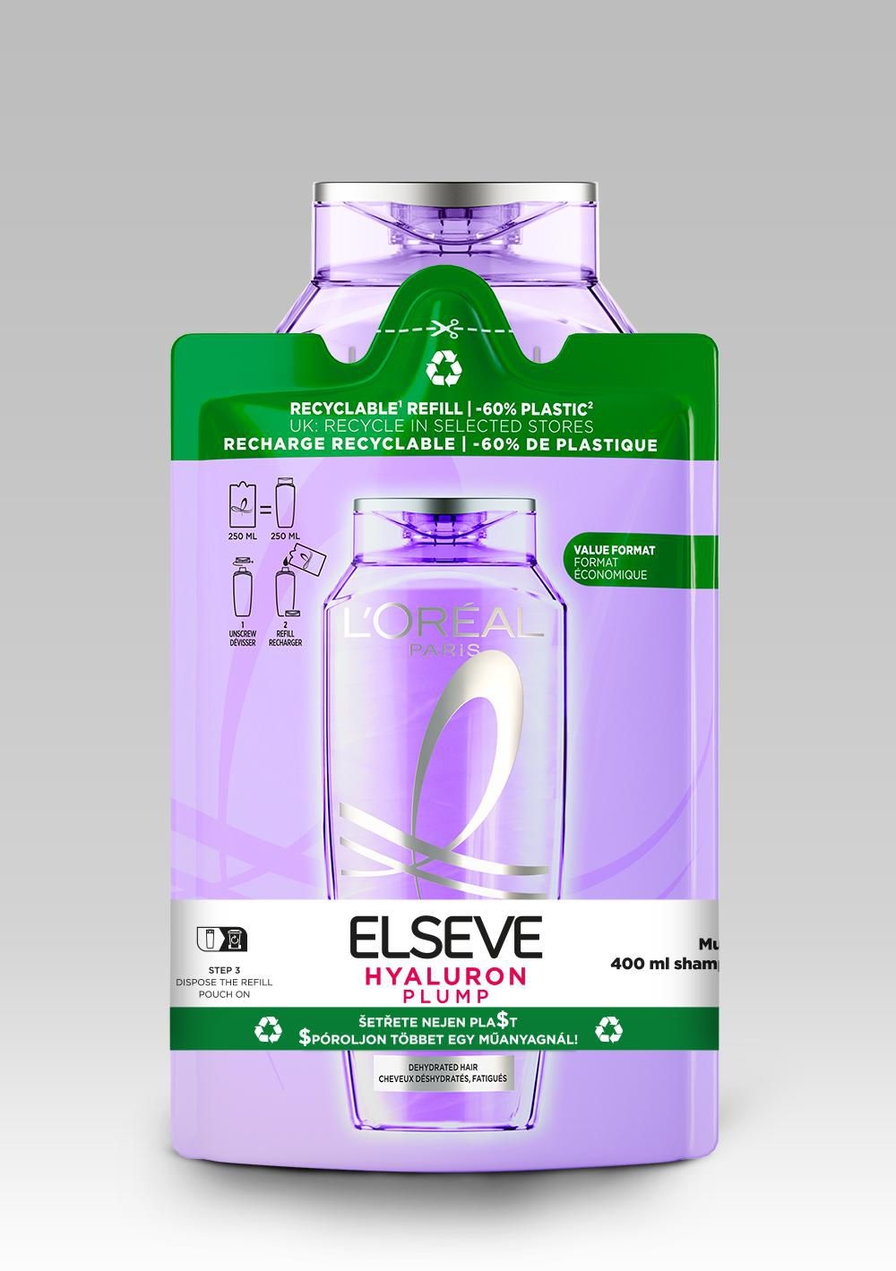 Drogerie a kosmetika - ĽOréal Paris Elseve Hyaluron Plump šampon a náhradní náplň (výhodné dvojbalení)