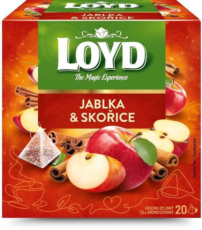 Nápoje - Loyd pyramida Jablko & skořice 45g<br>Ovocno-bylinný čaj aromatizovaný porcovaný s příchutí jablka a skořice.