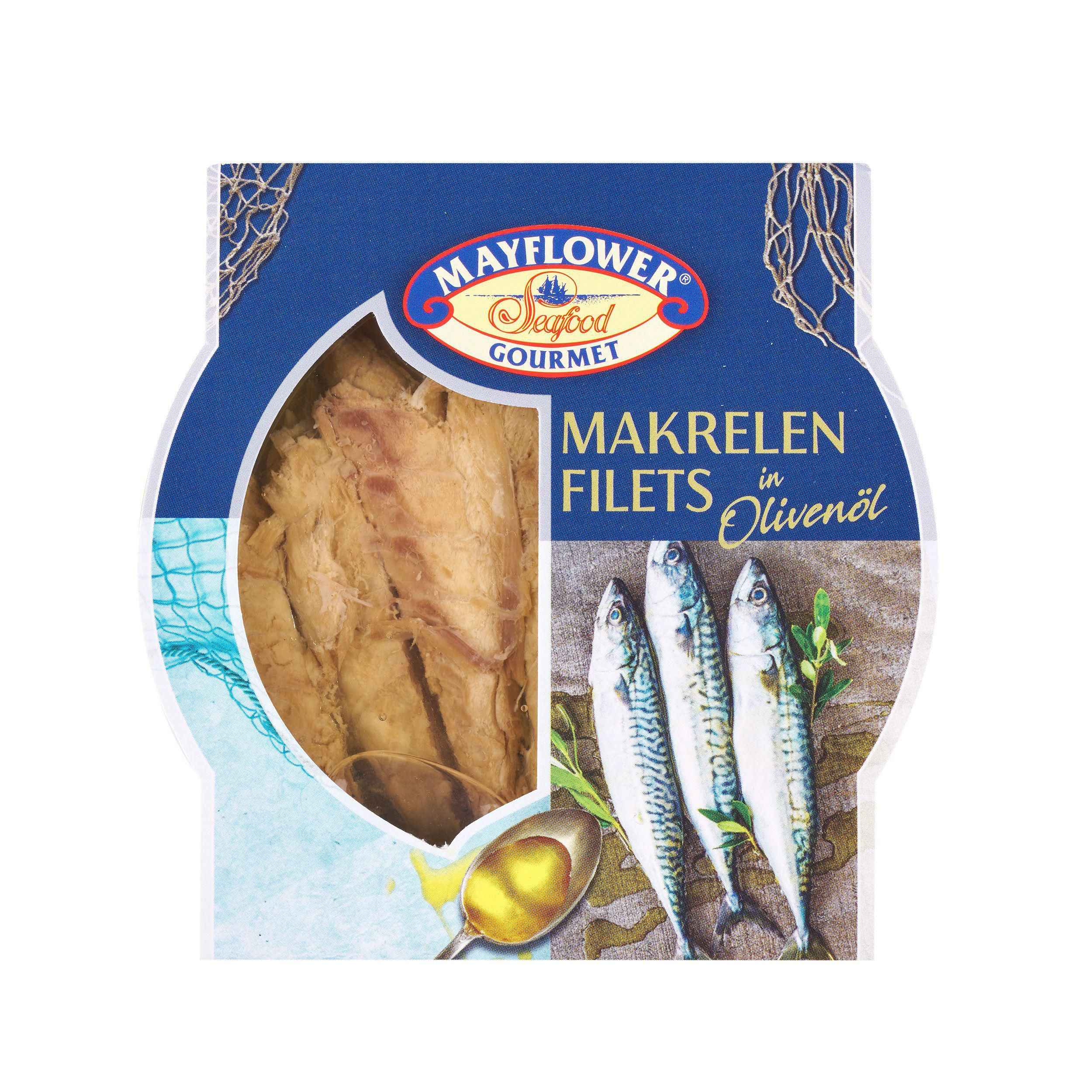 Trvanlivé potraviny - May Flower Makrelové filety v olivovém oleji 120g