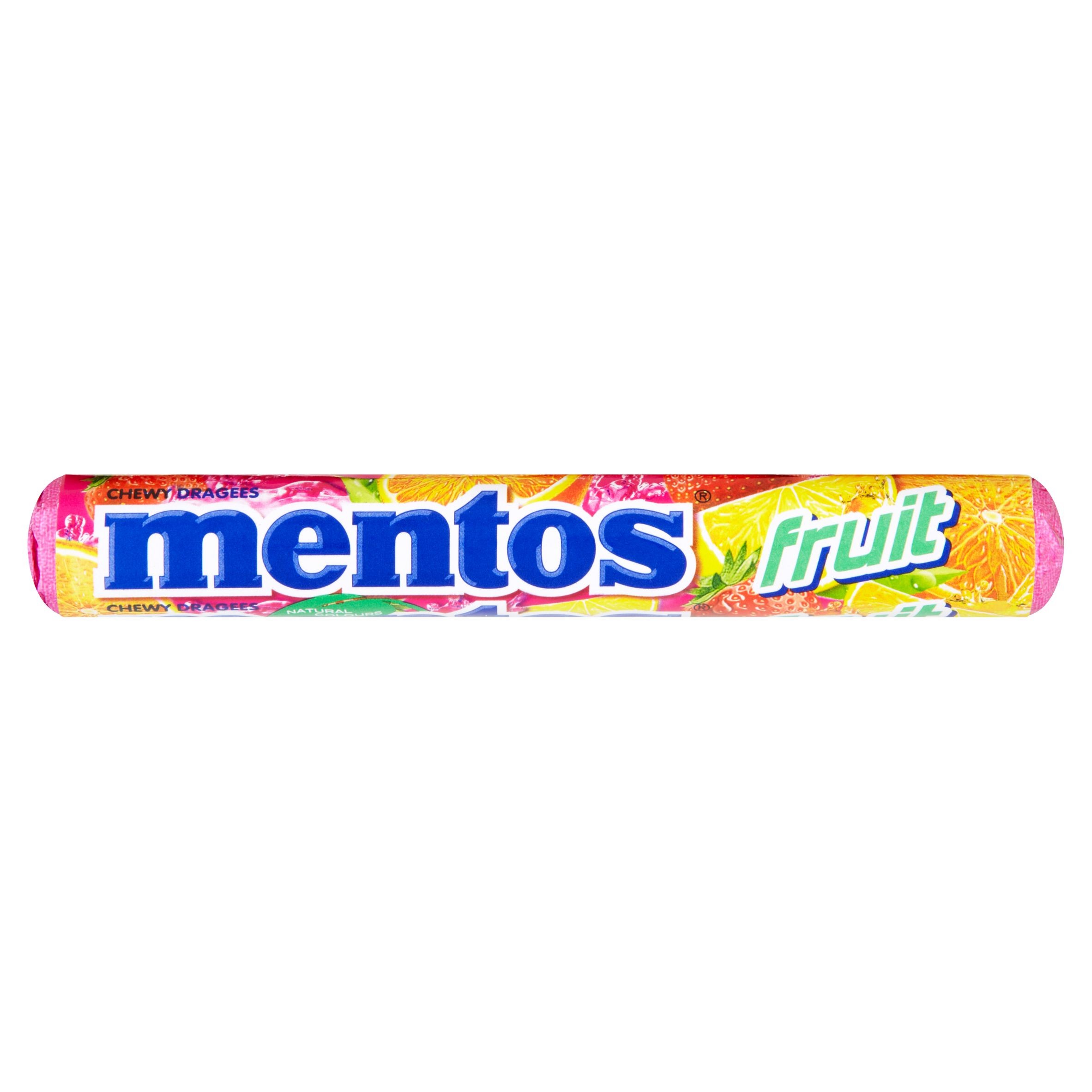 Trvanlivé potraviny - Mentos Fruit dražé s ovocnými příchutěmi (jahoda, pomeranč, citron) s 30% žvýkací náplní 38 g