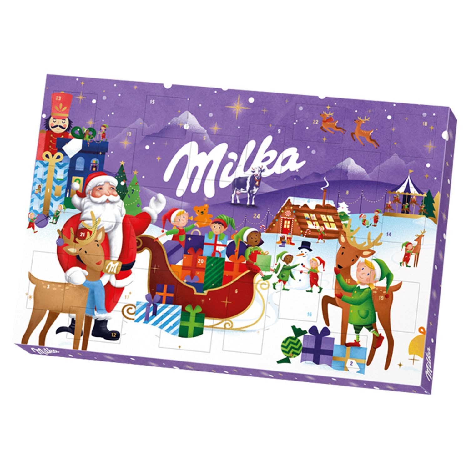 Milka Adventní kalendář s mléčnou čokoládou z alpského mléka a s mléčnou náplní, různé motivy 200g