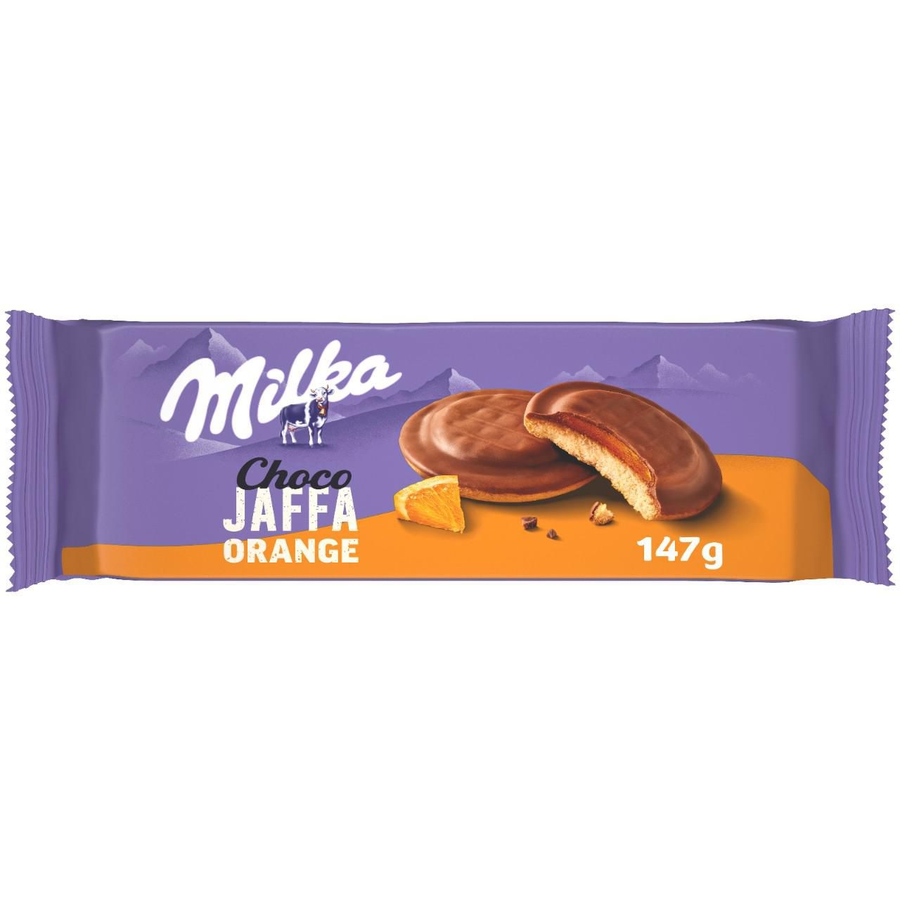 Trvanlivé potraviny - Milka Choco Jaffa jemné pečivo s želé s pomerančovou příchutí 147g
