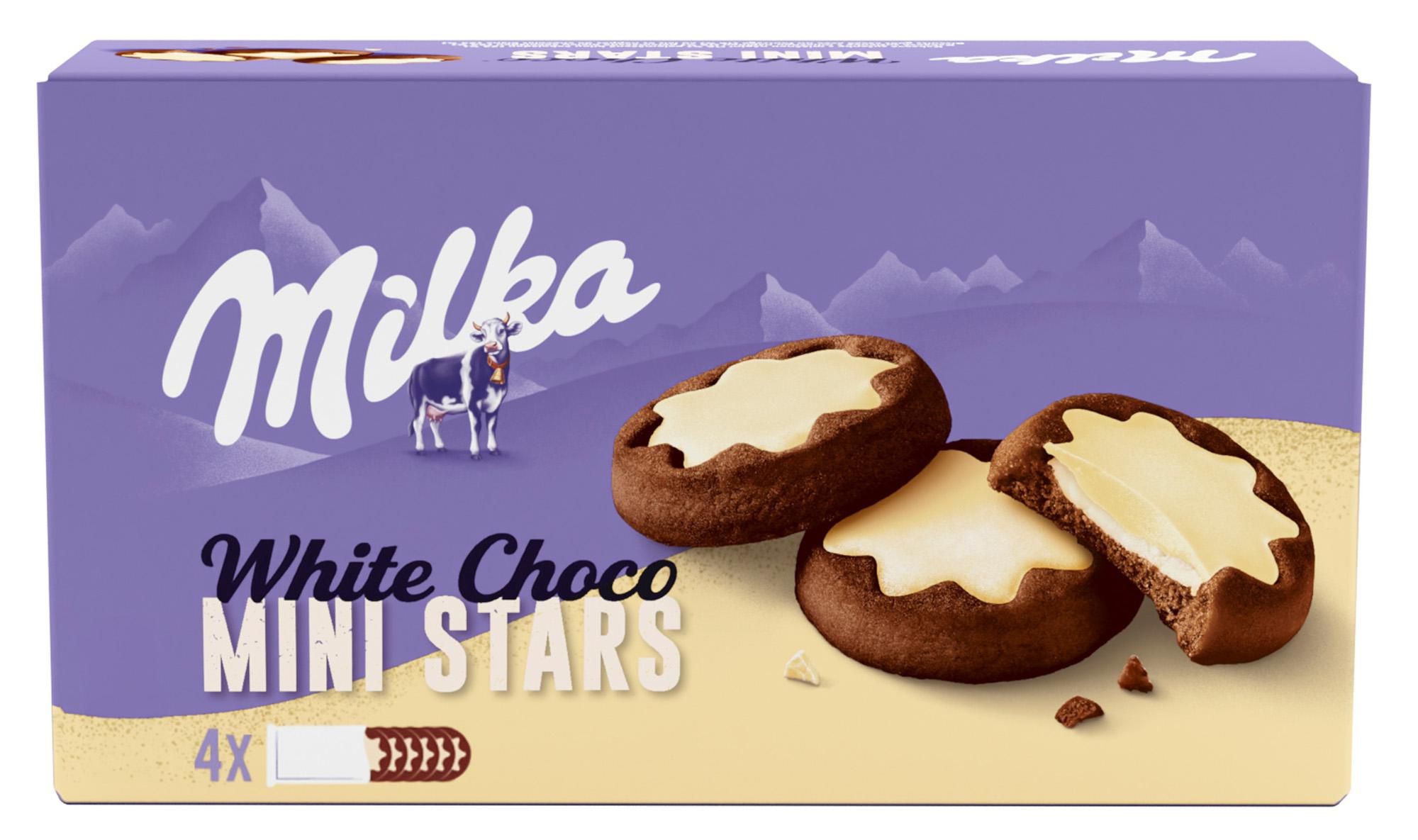Trvanlivé potraviny - Milka sušenky White Choco Mini Stars kakaové, mléčná náplň a bílá čokoláda 150g