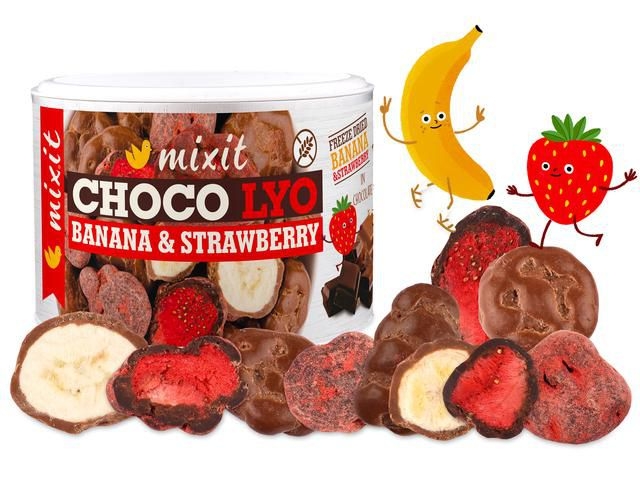 Trvanlivé potraviny - Mixit Křupavé banánky a jahody v čokoládě 150g
