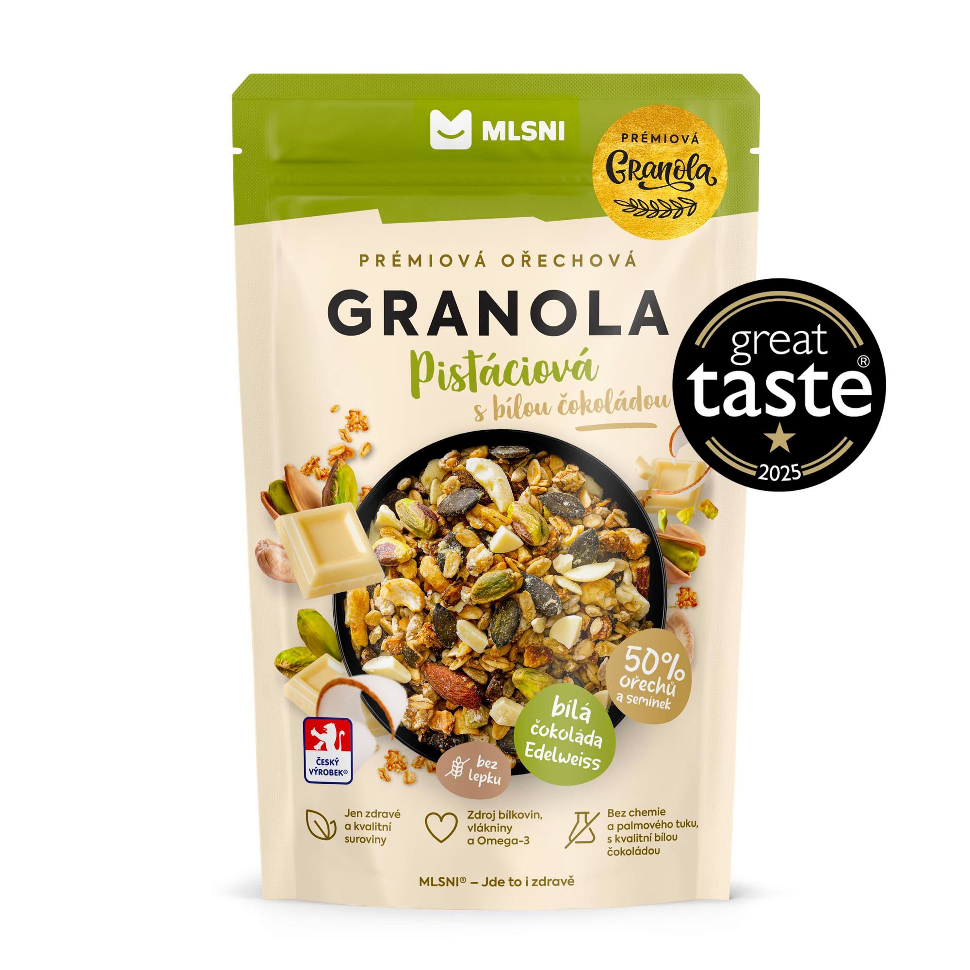 MLSNI Prémiová granola Pistáciová s bílou čokoládou 400g