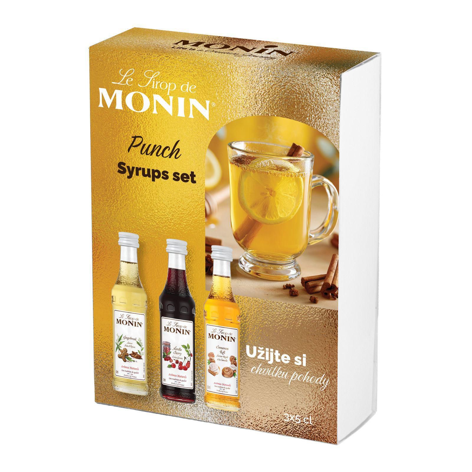 Monin Dárkové balení Punch set 3x5cl perník, griotka a skořicová rolka