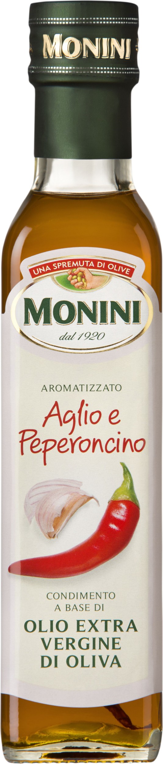 Trvanlivé potraviny - Monini Dresink s extra panenským olivovým olejem s chilli a příchutí česneku 250 ml