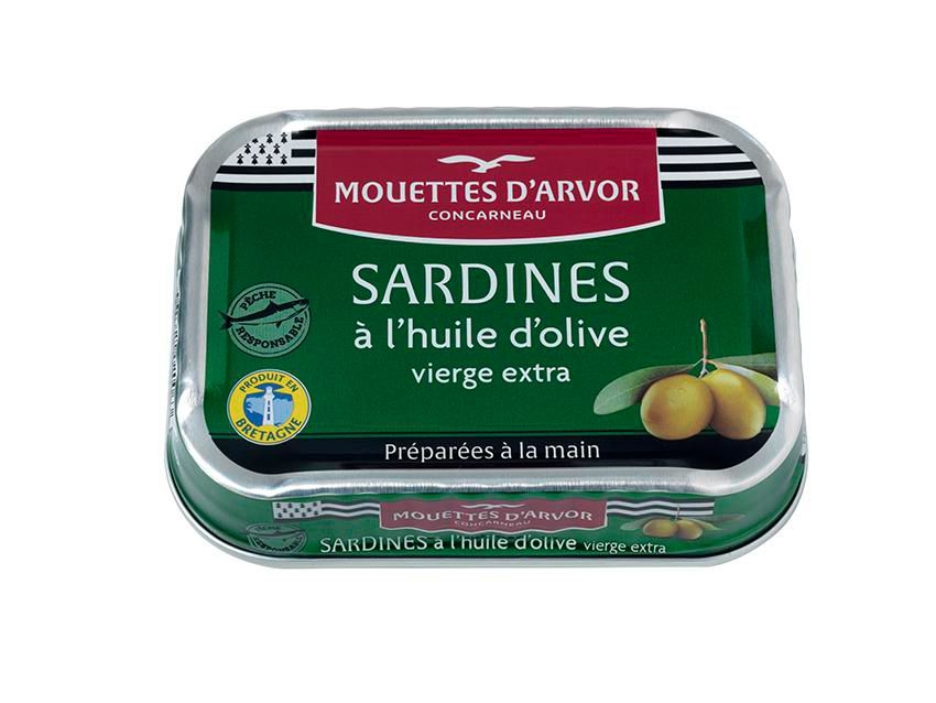 Trvanlivé potraviny - Mouettes d'Arvor Sardines in extra virgin olive oil, Sardinky v extra panenským olivovým oleji115g