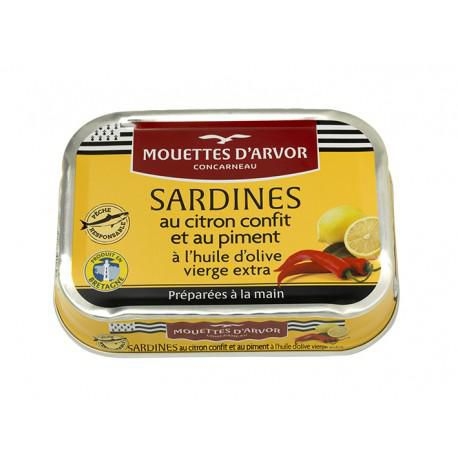 Trvanlivé potraviny - Mouettes d'Arvor Sardinky s kandovaným citrónem a chilli v extra panenském olivovém oleji 115 g