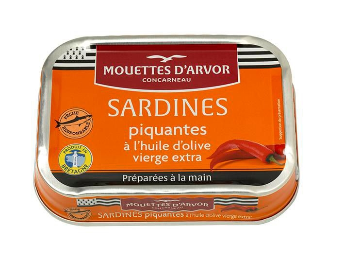 Trvanlivé potraviny - Mouettes d'Arvor Sardinky v extra panenském olivovém oleji s pálivými papričkami 115 g