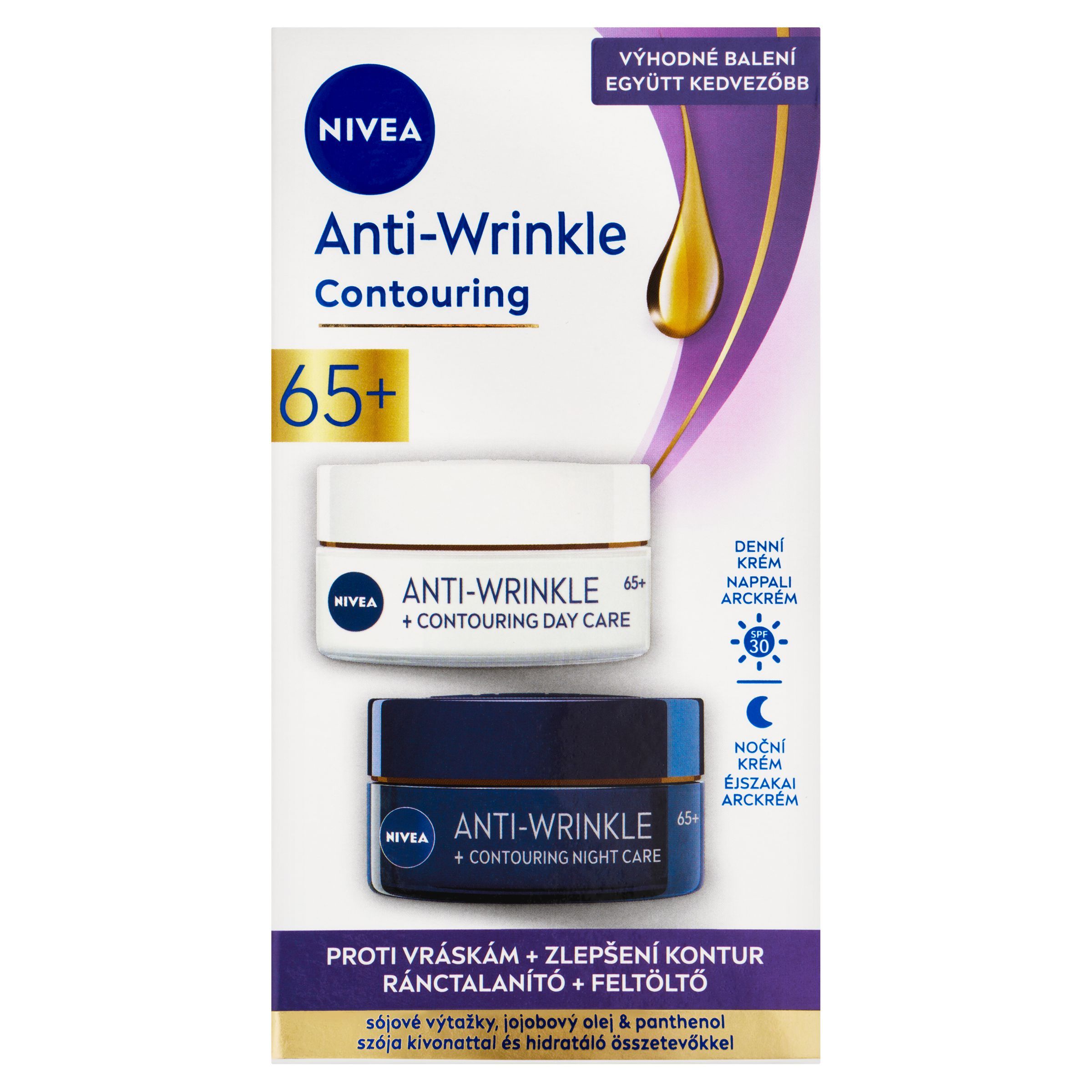Drogerie a kosmetika - Nivea Anti-Wrinkle Contouring 65+ denní a noční krém pro zlepšení kontur 2x50 ml