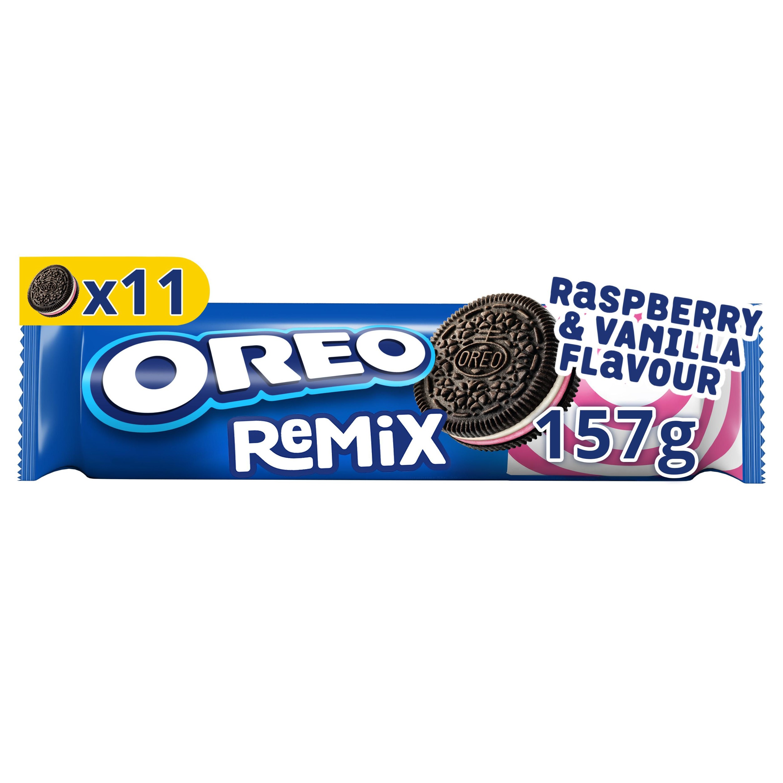 Trvanlivé potraviny - Oreo sušenky kakaové Remix s náplní s vanilkovou příchutí a malinovou příchutí 157g
