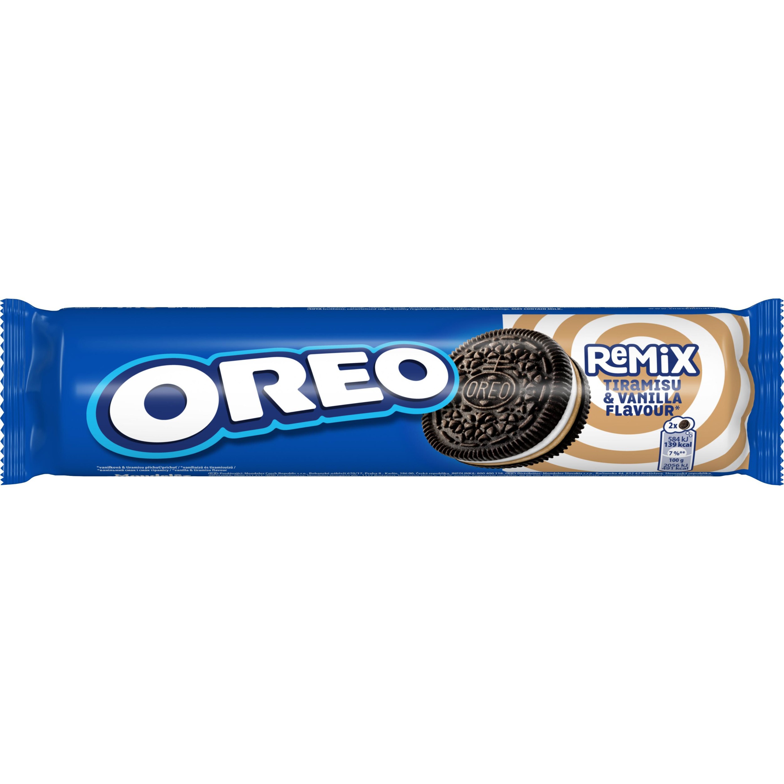 Trvanlivé potraviny - Oreo sušenky kakaové Remix s náplní s vanilkovou příchutí a tiramisu příchutí 157g