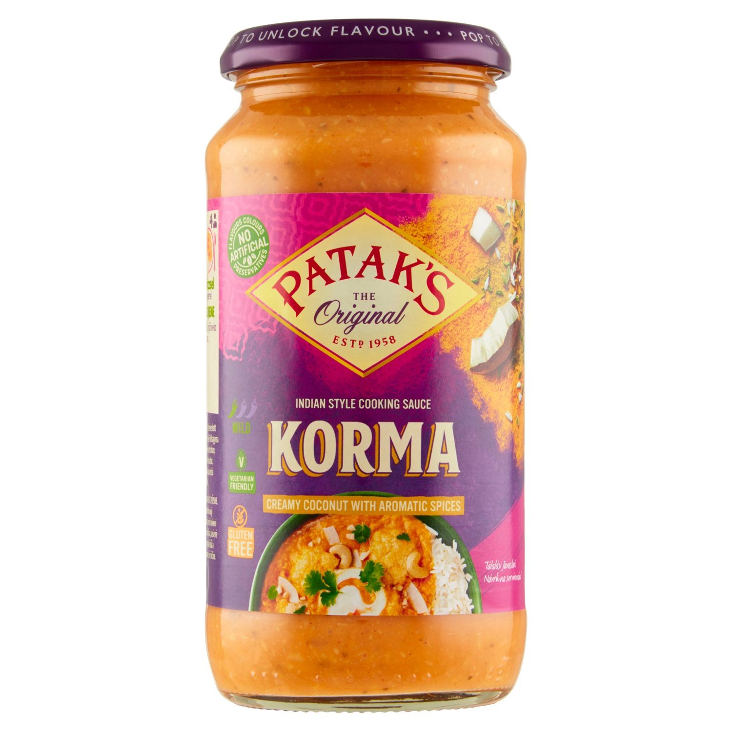 Trvanlivé potraviny - Patak's Korma jemně pálivá smetanová omáčka s kokosem a aromatickou směsí koření 450g