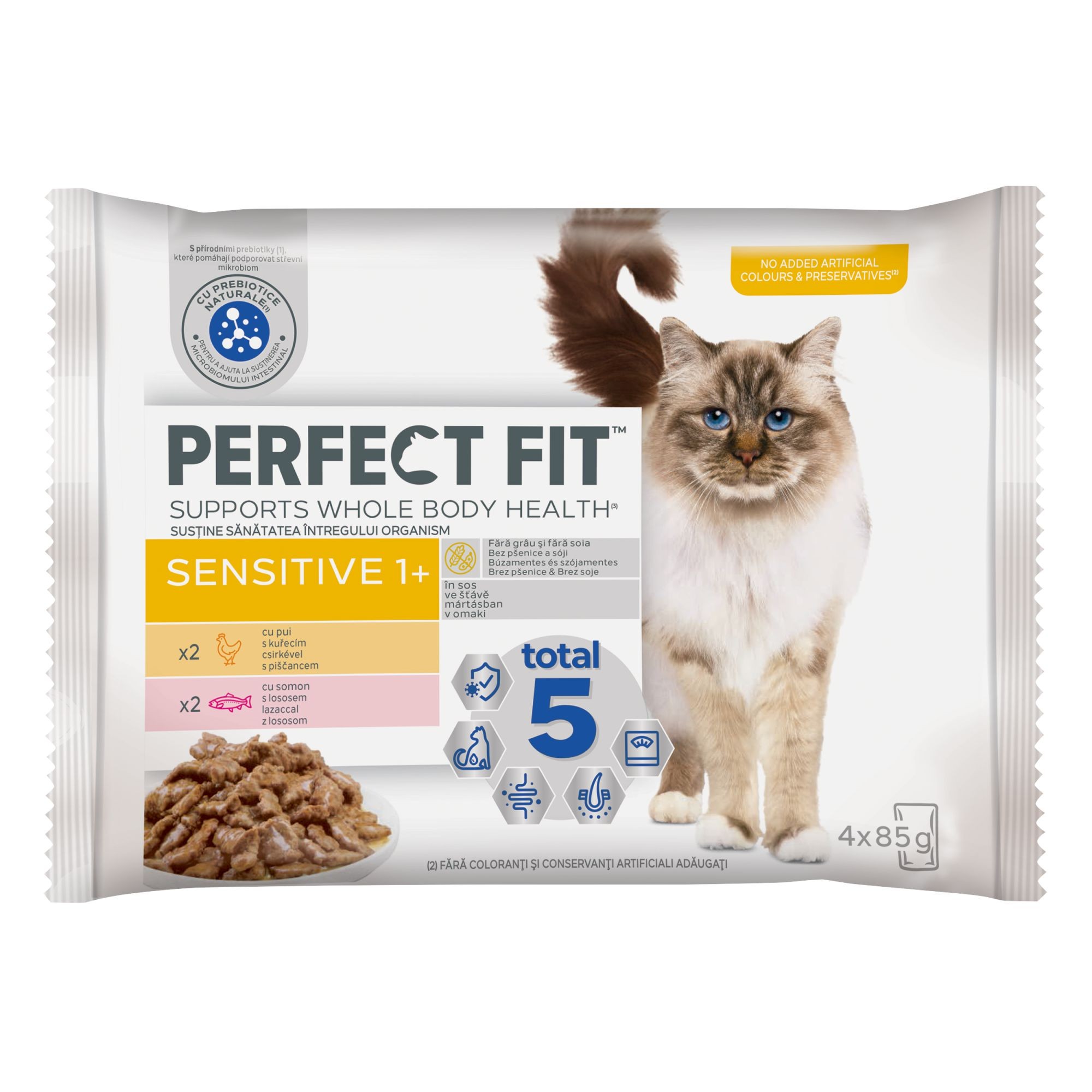 Svět zvířat - Perfect Fit Sensitive kapsičky s kuřecím a lososem pro dospělé kočky s citlivým zažíváním 4x 85 g