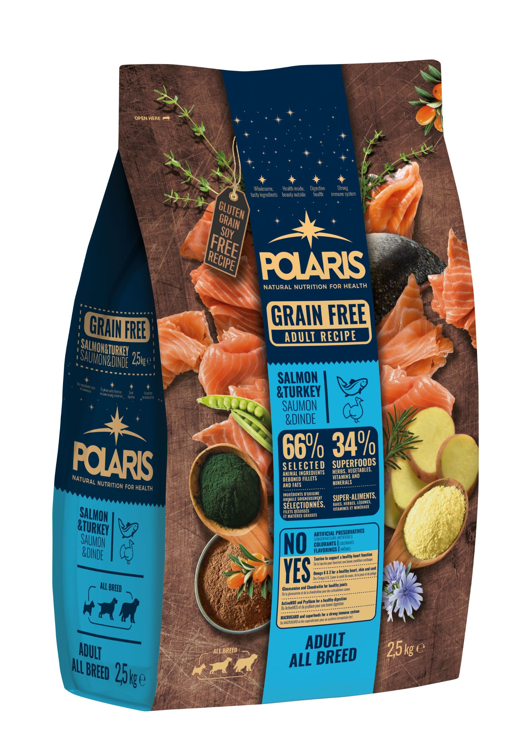 Svět zvířat - Polaris bezobilné granule s čerstvým masem Adult s krůtím a lososem 2,5kg