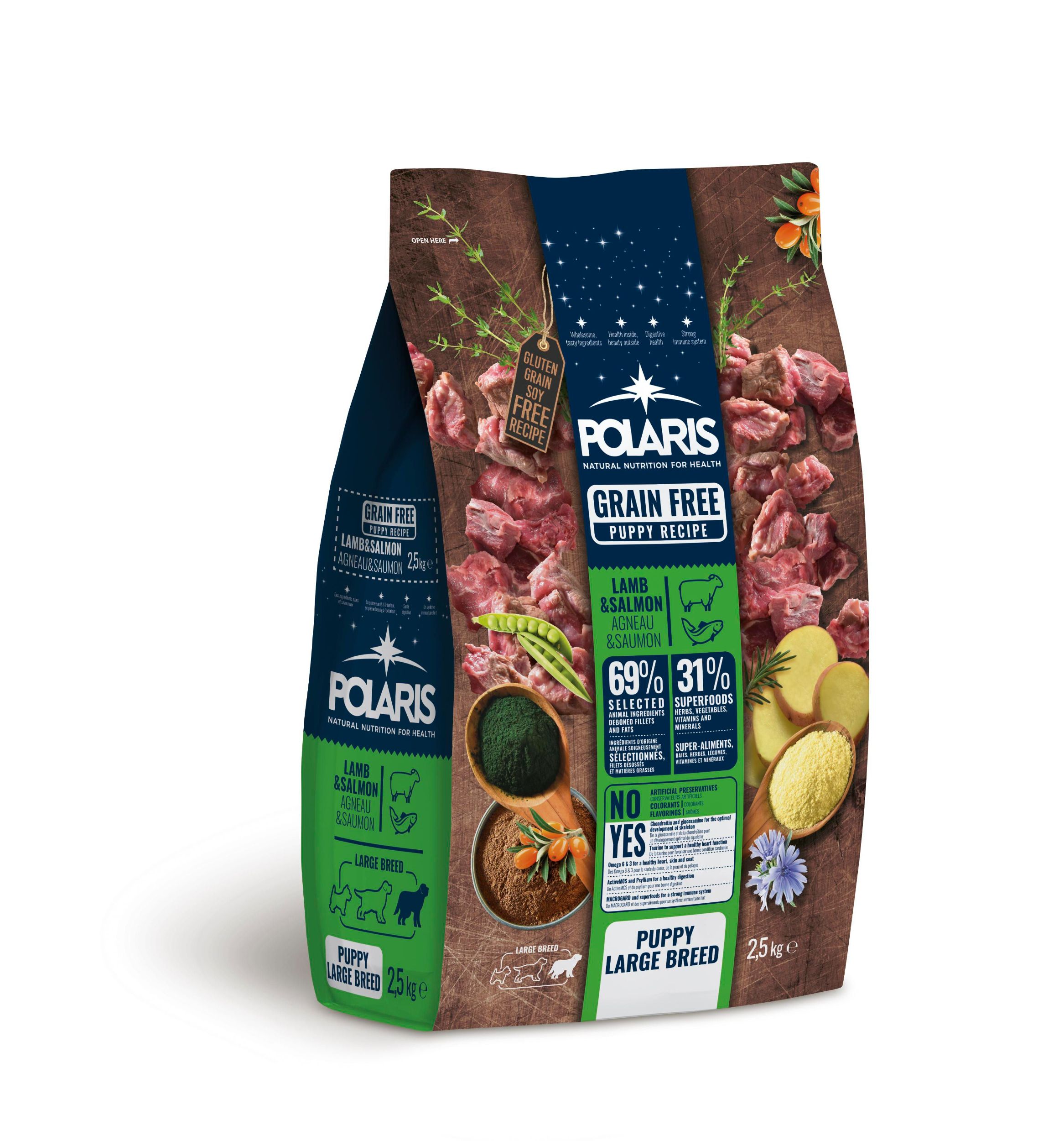 Svět zvířat - Polaris bezobilné granule s čerstvým masem Junior Large Breed s jehněčím a lososem 2,5kg