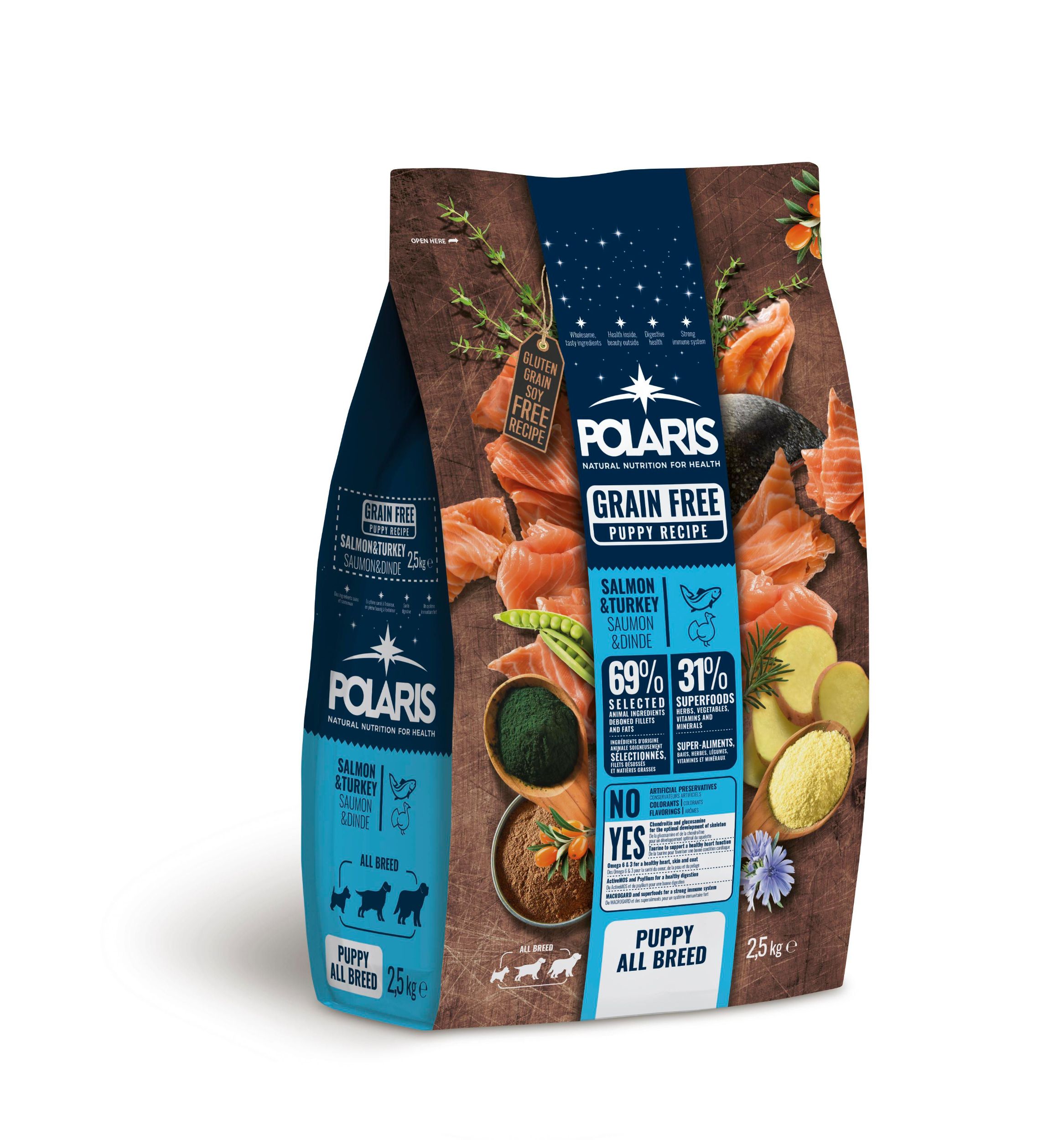 Svět zvířat - Polaris bezobilné granule s čerstvým masem Junior s krůtím a lososem 2,5kg