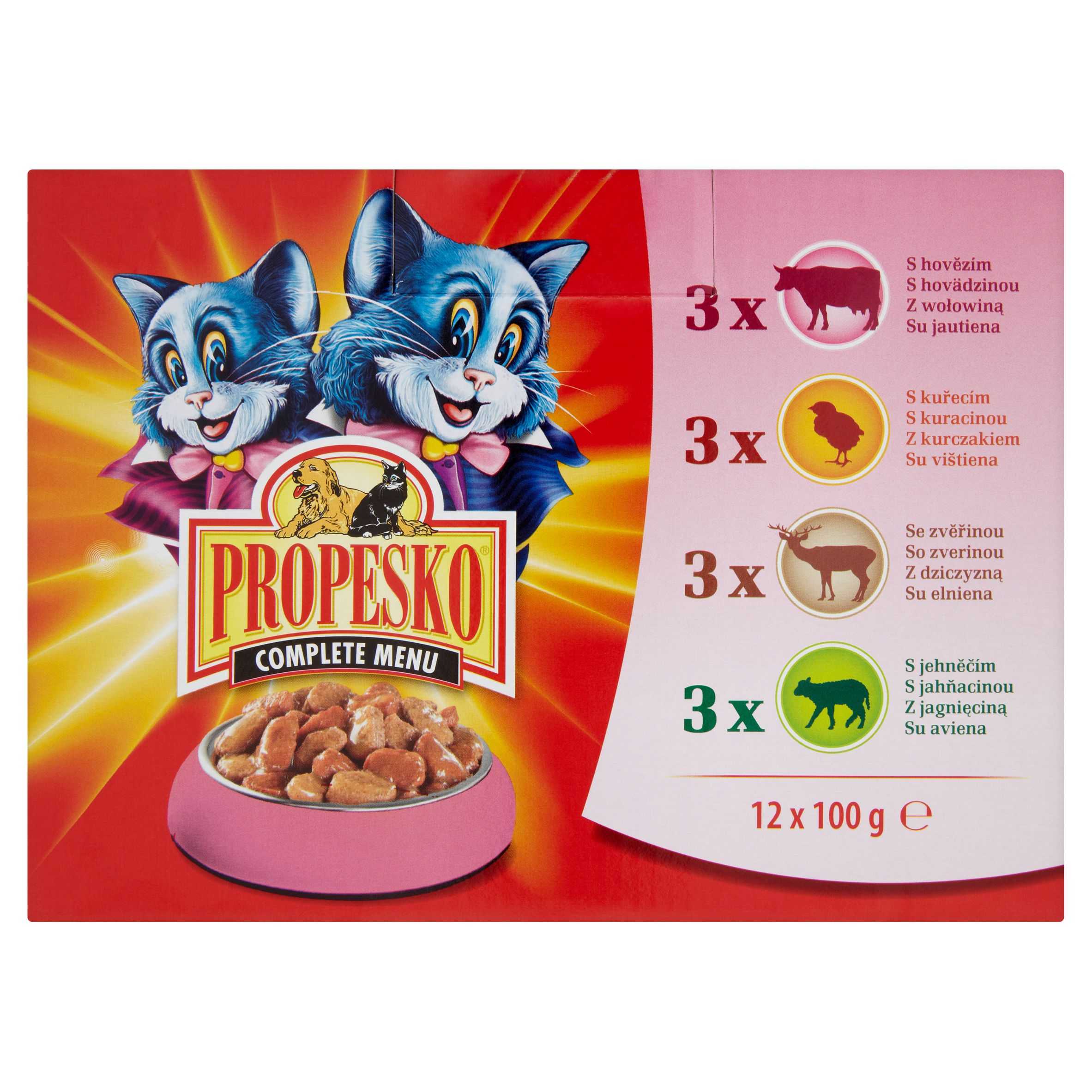 Svět zvířat - Propesko Kompletní krmivo pro dospělé kočky hovězí/kuře/zvěřina/jehněčí 12x100 g