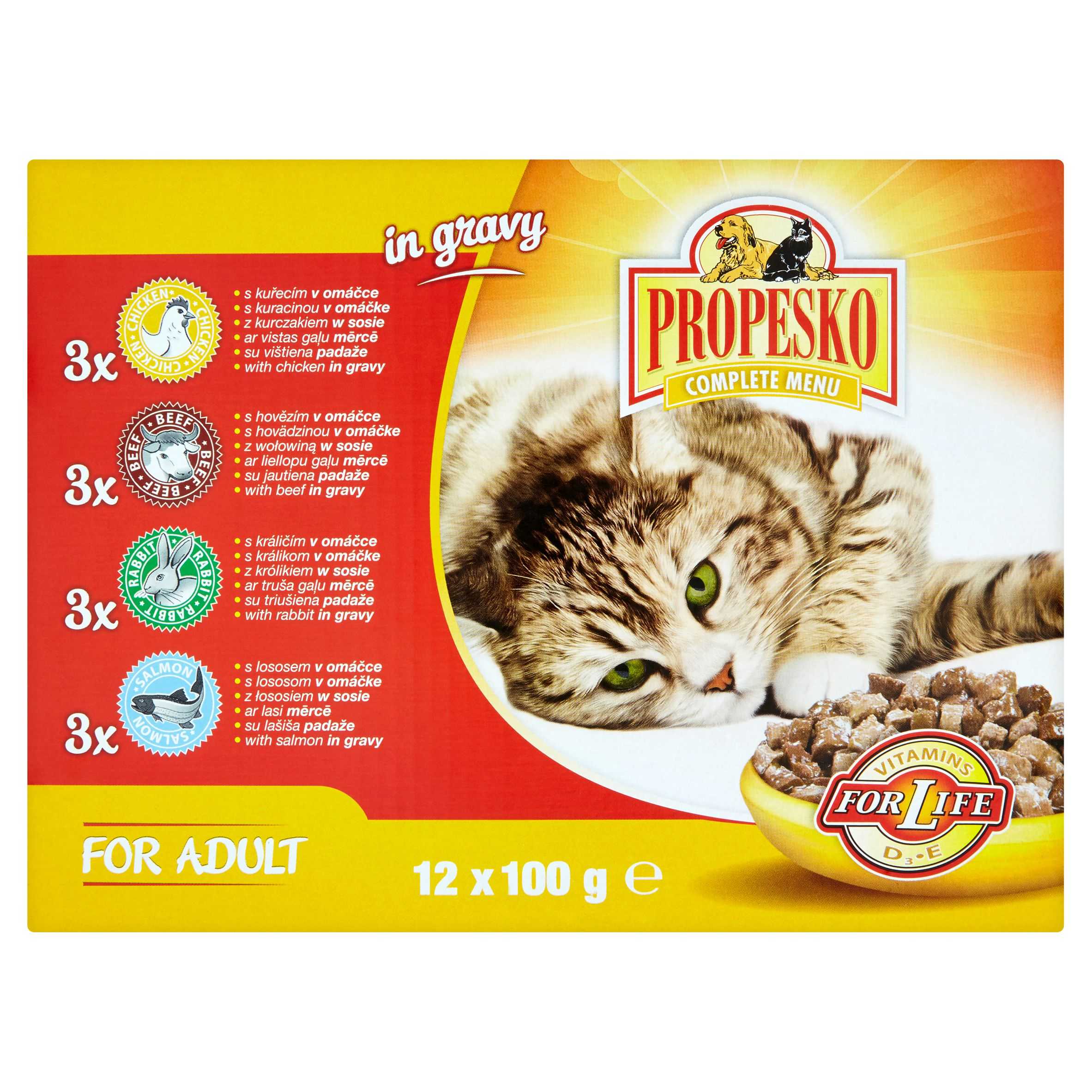 Svět zvířat - Propesko Kompletní krmivo pro dospělé kočky kuře/krůta/losos 12x100 g