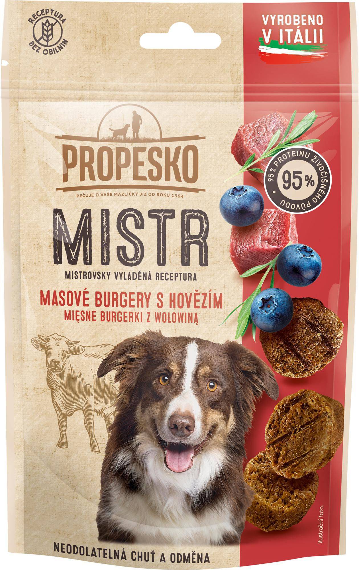 Svět zvířat - Propesko Mistr snack pes burger hovězí, borůvka, rozmarýn 60g