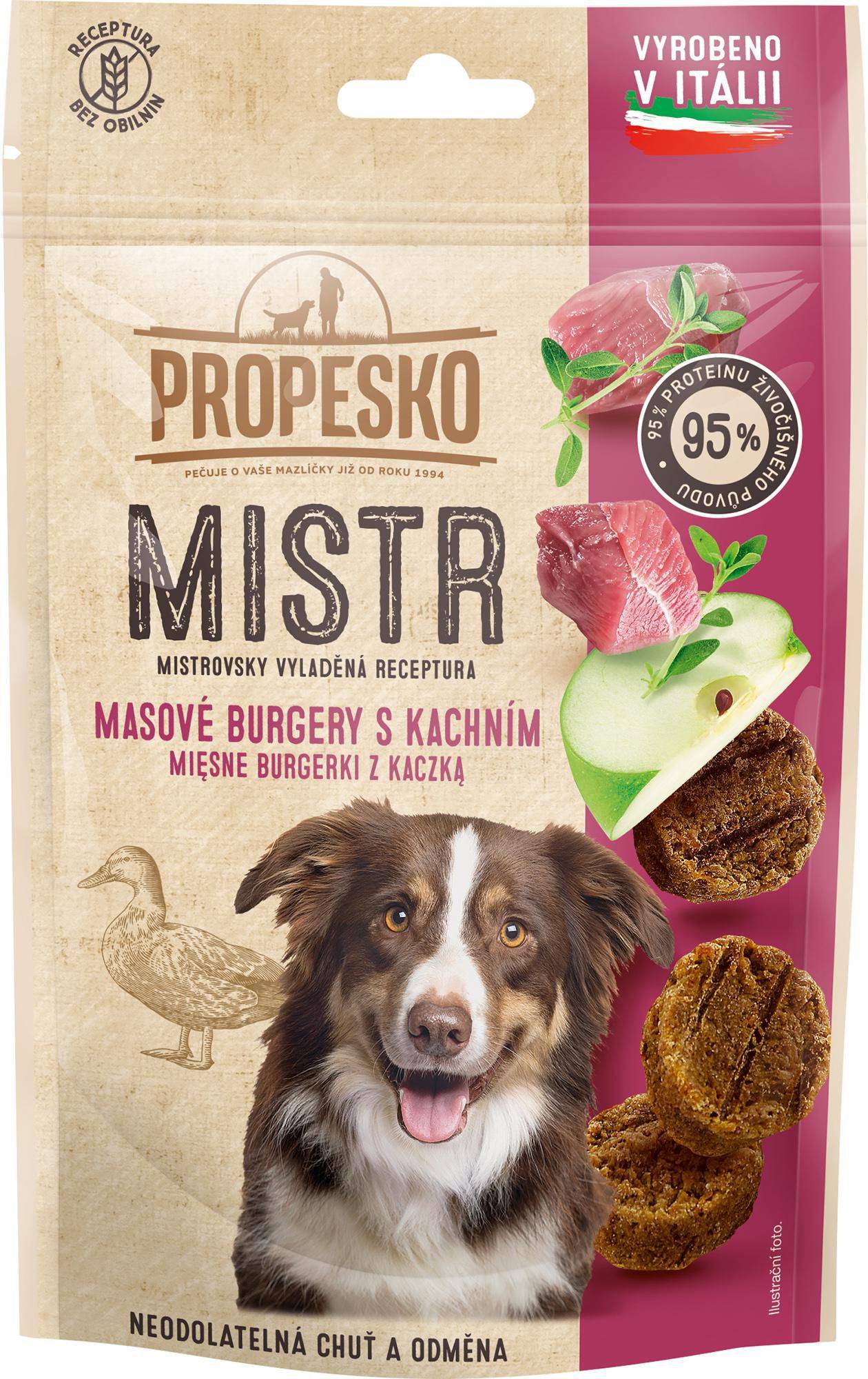 Svět zvířat - Propesko Mistr snack pes burger kachní, jablko, tymián 60g