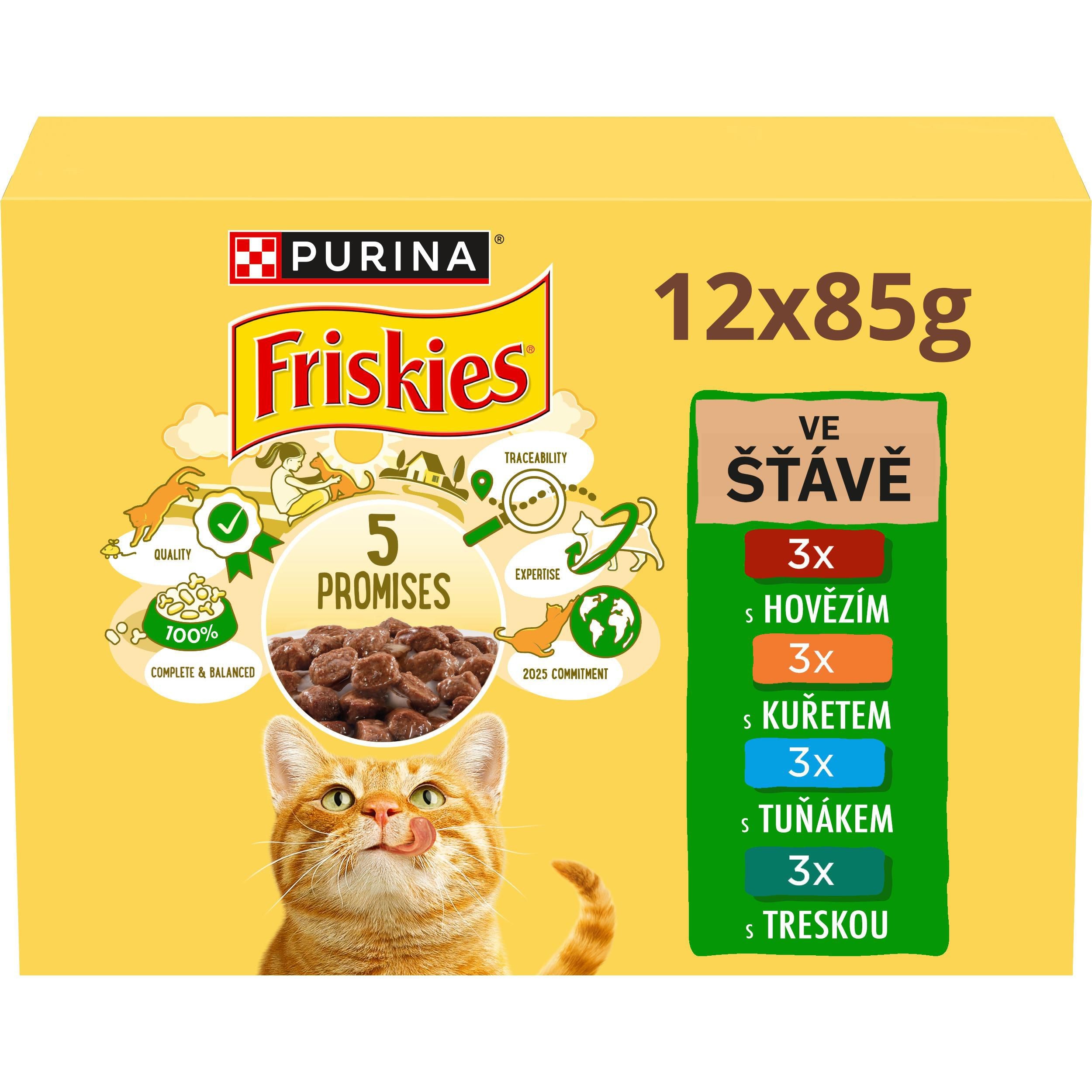 Svět zvířat - Purina Friskies Multibalení s hovězím, s kuřetem, s tuňákem a s treskou ve šťávě 12 x 85g