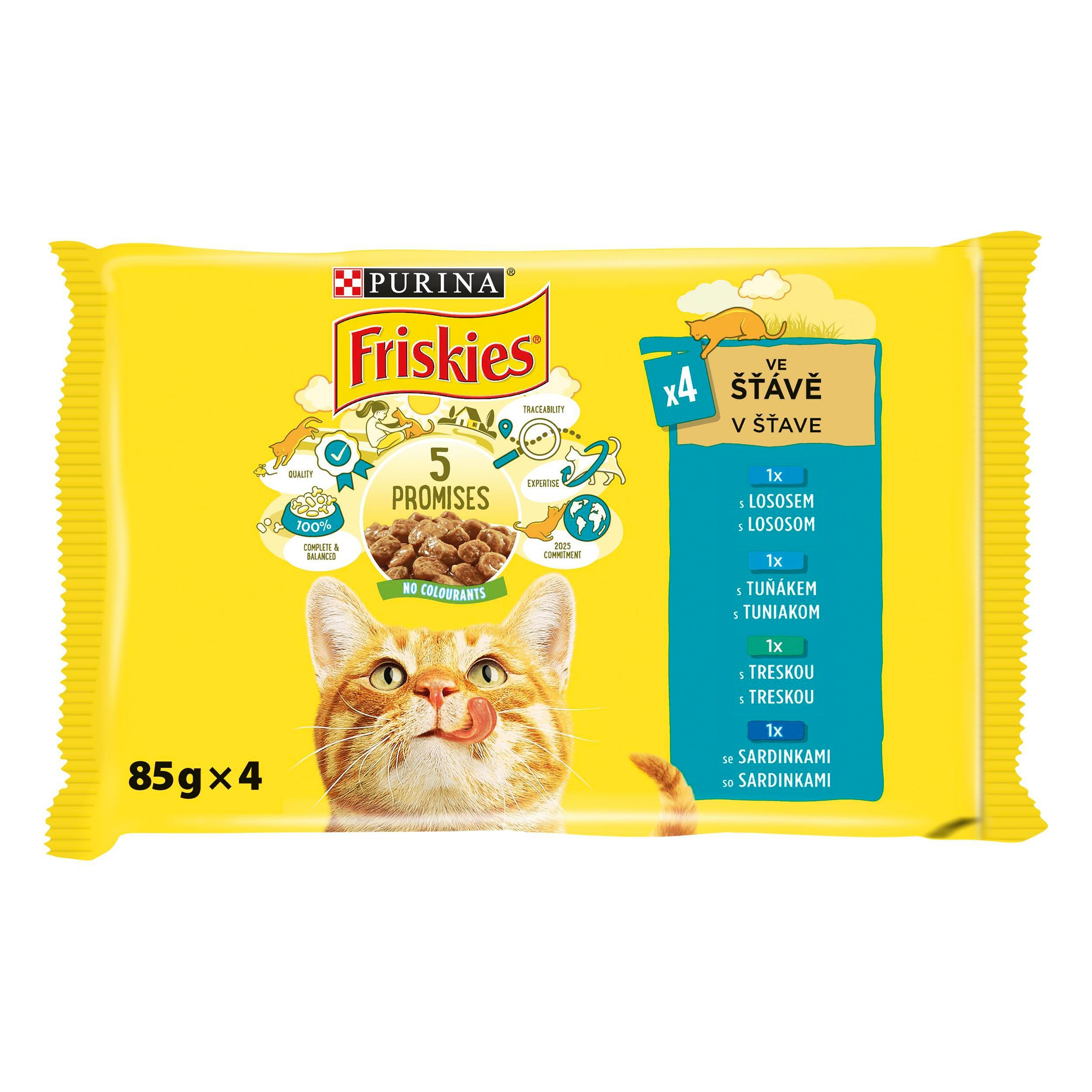 Svět zvířat - Purina Friskies Multibalení s lososem, s tuňákem, s treskou a se sardinkami ve šťávě 4 x 85g