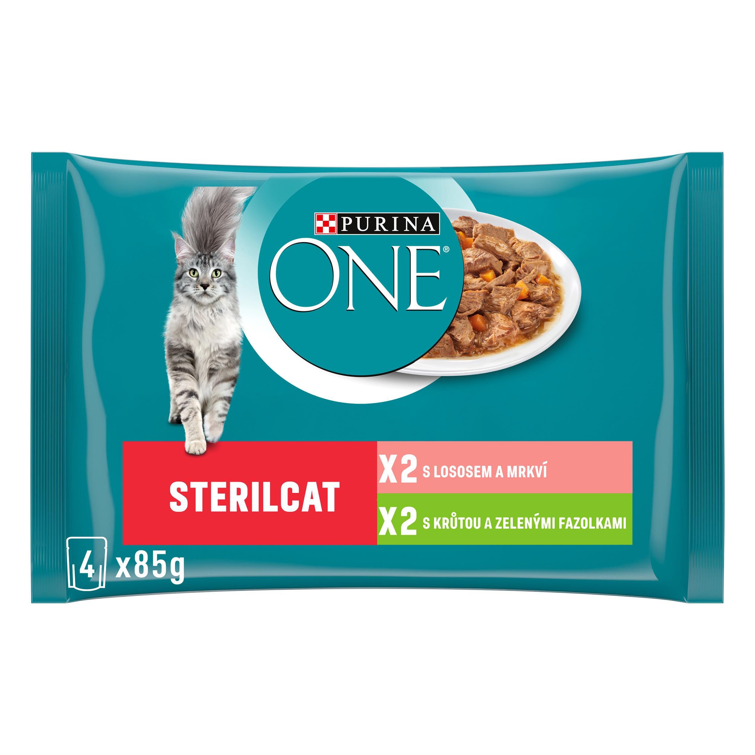 Svět zvířat - Purina ONE Kapsička s krůtou a zelenými fazolkami ve šťávě, s lososem a mrkví ve šťávě 4 x 85g