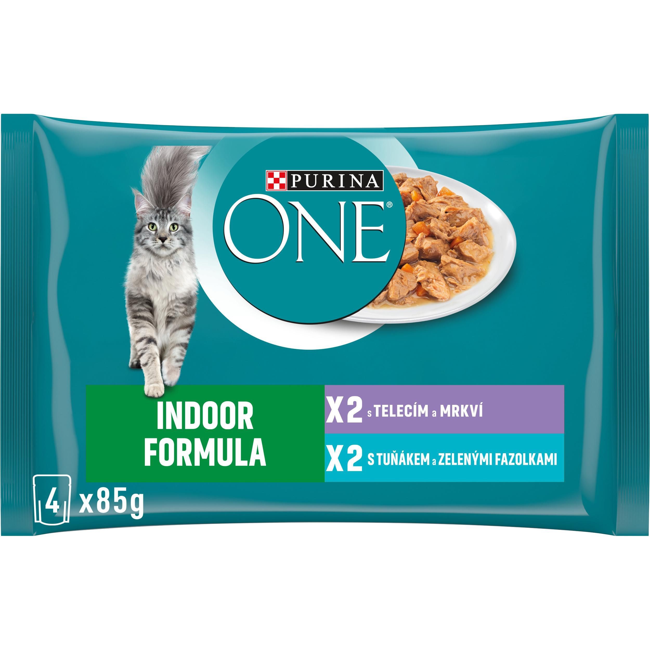 Svět zvířat - Purina ONE Kapsička s tuňákem a zelenými fazolkami ve šťávě, s telecím a mrkví ve šťávě 4 x 85g