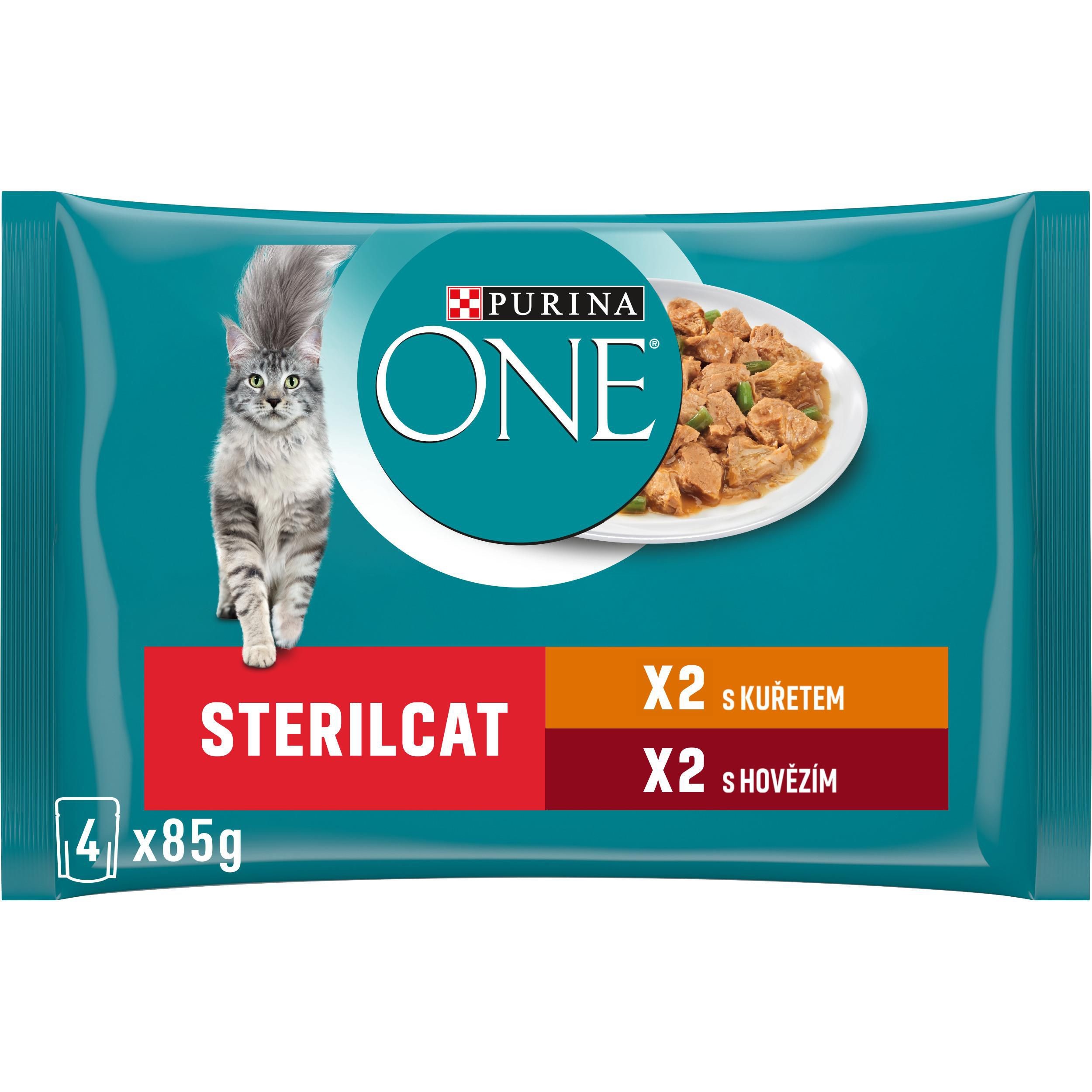 Svět zvířat - Purina ONE STERILCAT kapsičky s kuřetem a zelenými fazolkami, s hovězím a mrkví ve šťávě 4 x 85g
