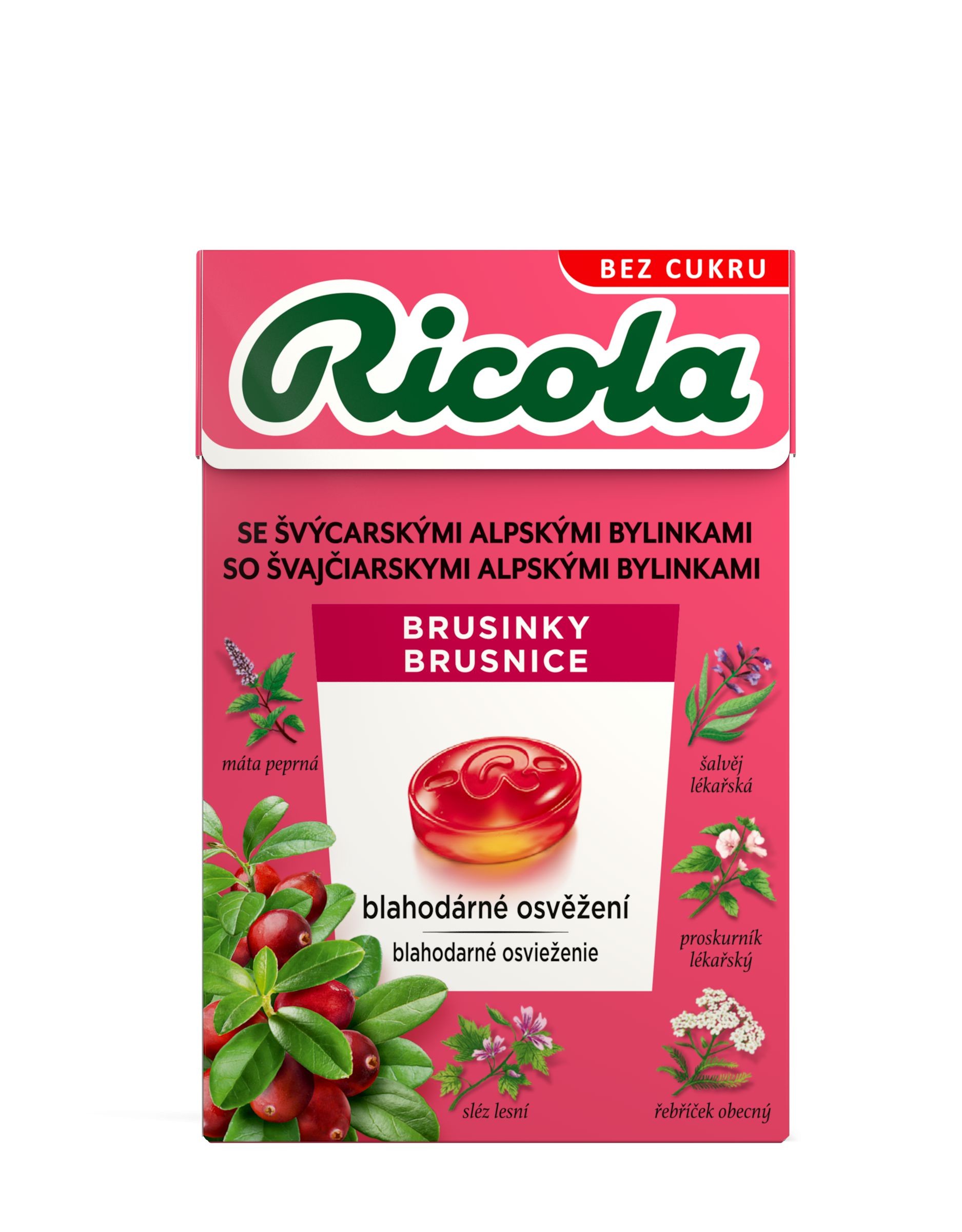 Trvanlivé potraviny - Ricola Brusinky Švýcarské bylinné bonbóny, bez cukru 40 g