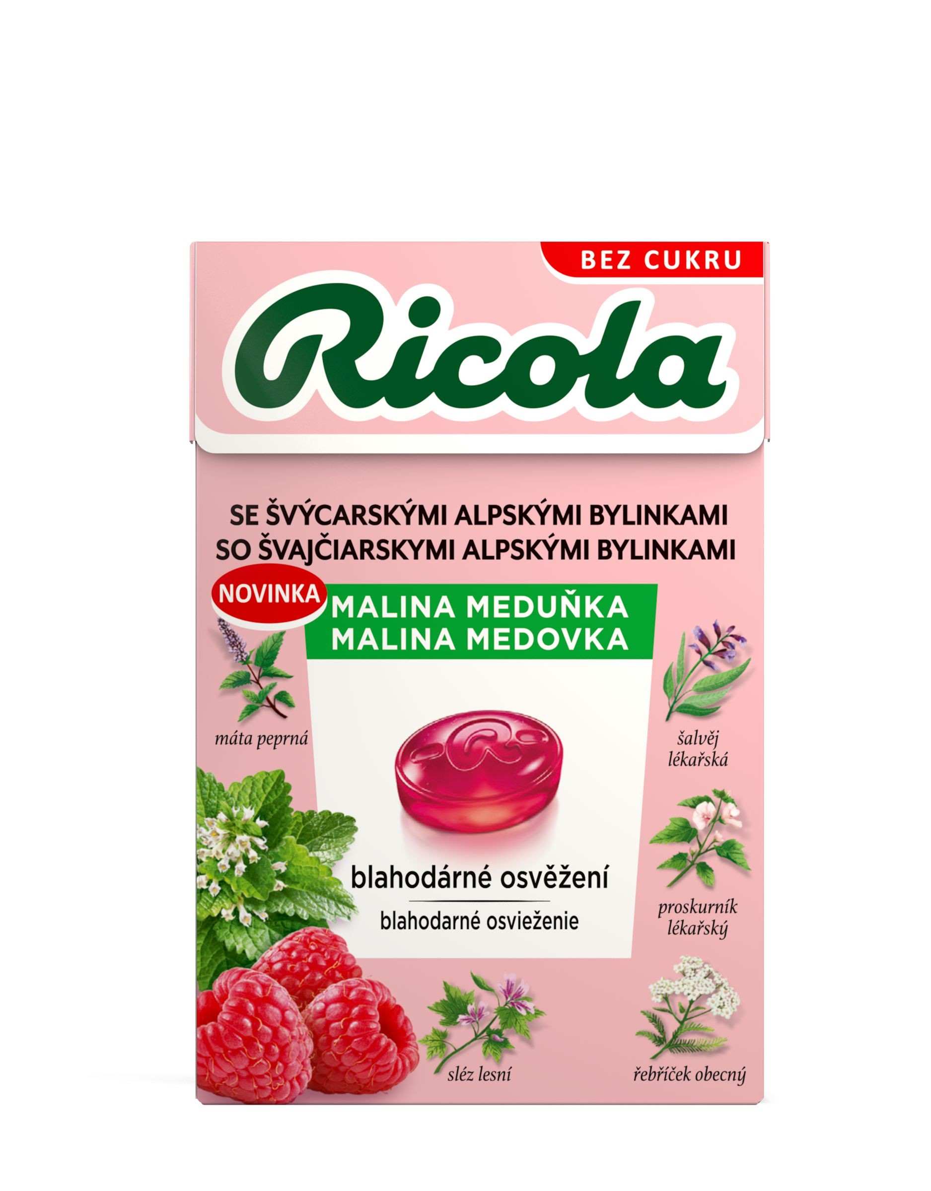 Trvanlivé potraviny - Ricola Malina meduňka Švýcarské bylinné bonbóny bez cukru 40 g