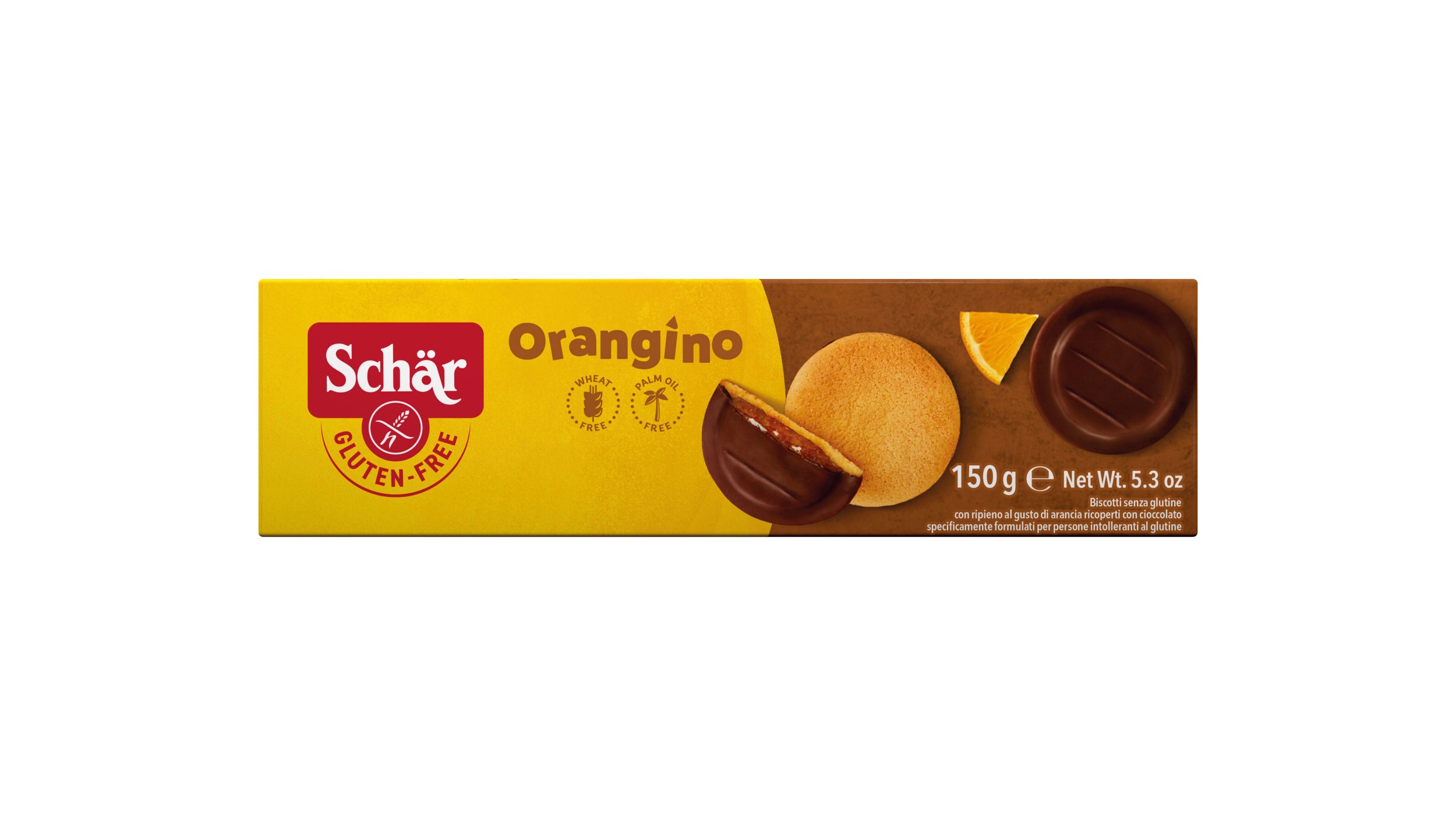 Trvanlivé potraviny - Schär Orangino jemné pečivo bez lepku polomáčené v čokoládě s pomerančovou náplní 150 g