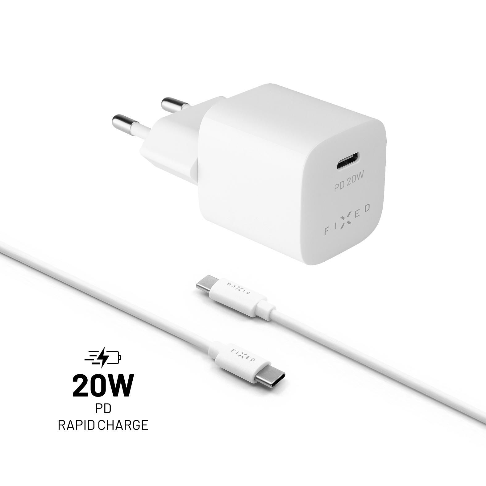 Elektro - Set síťové nabíječky FIXED Mini s USB-C výstupem a USB-C/USB-C kabelu 1 metr bílý