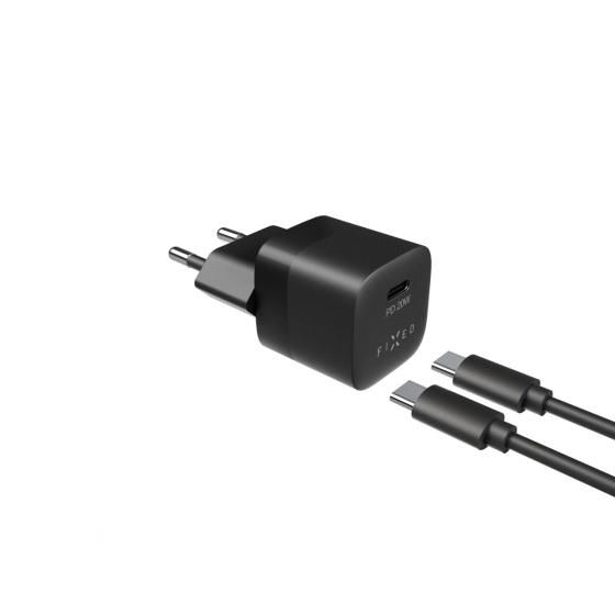 Elektro - Set síťové nabíječky FIXED Mini s USB-C výstupem a USB-C/USB-C kabelu, podpora PD, 1 metr, 20W, černý