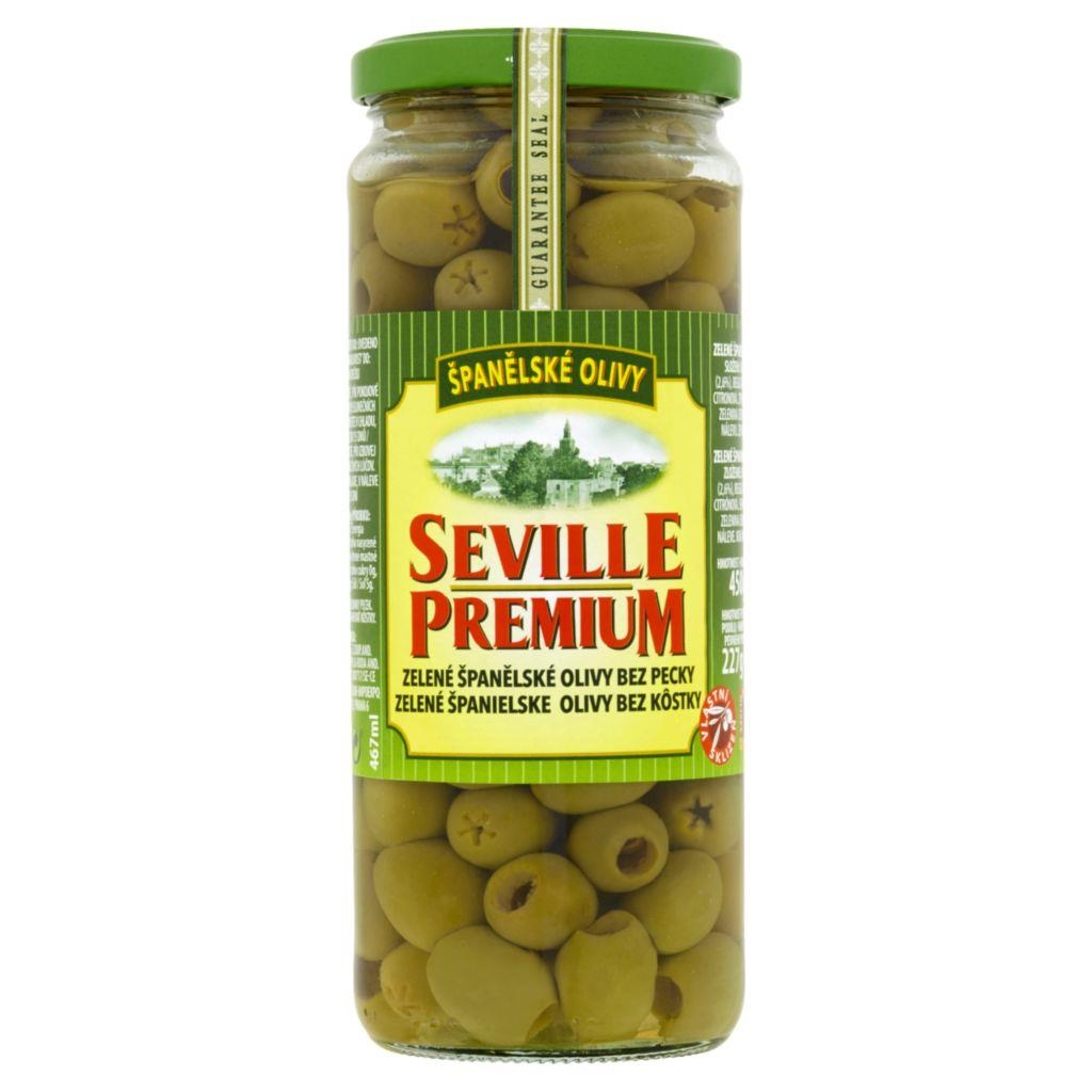 Trvanlivé potraviny - Seville Premium Zelené španělské olivy bez pecky 450 g