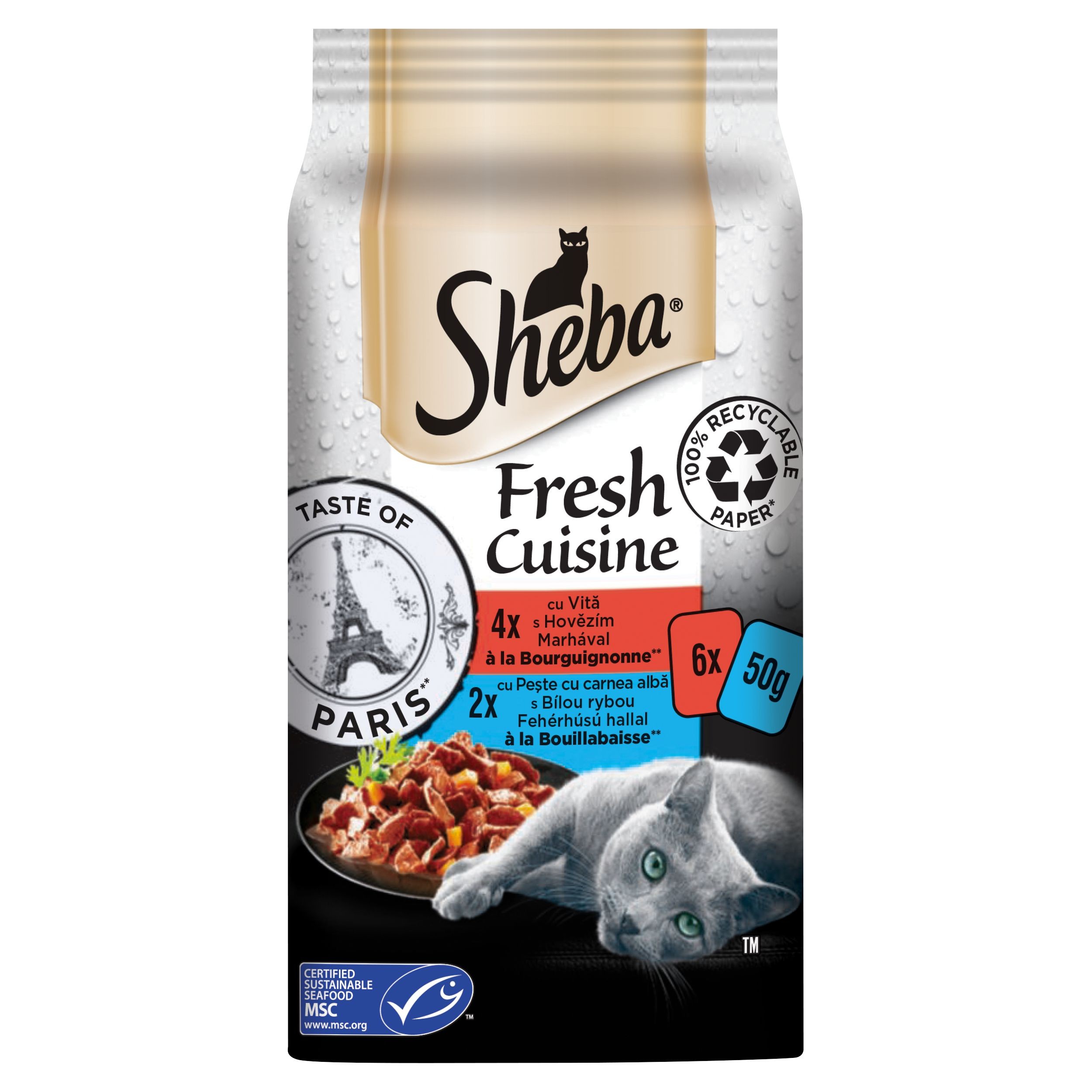 Svět zvířat - Sheba Taste of Paris kapsička s hovězím a Bílou rybou pro dospělé kočky 6 x 50 g