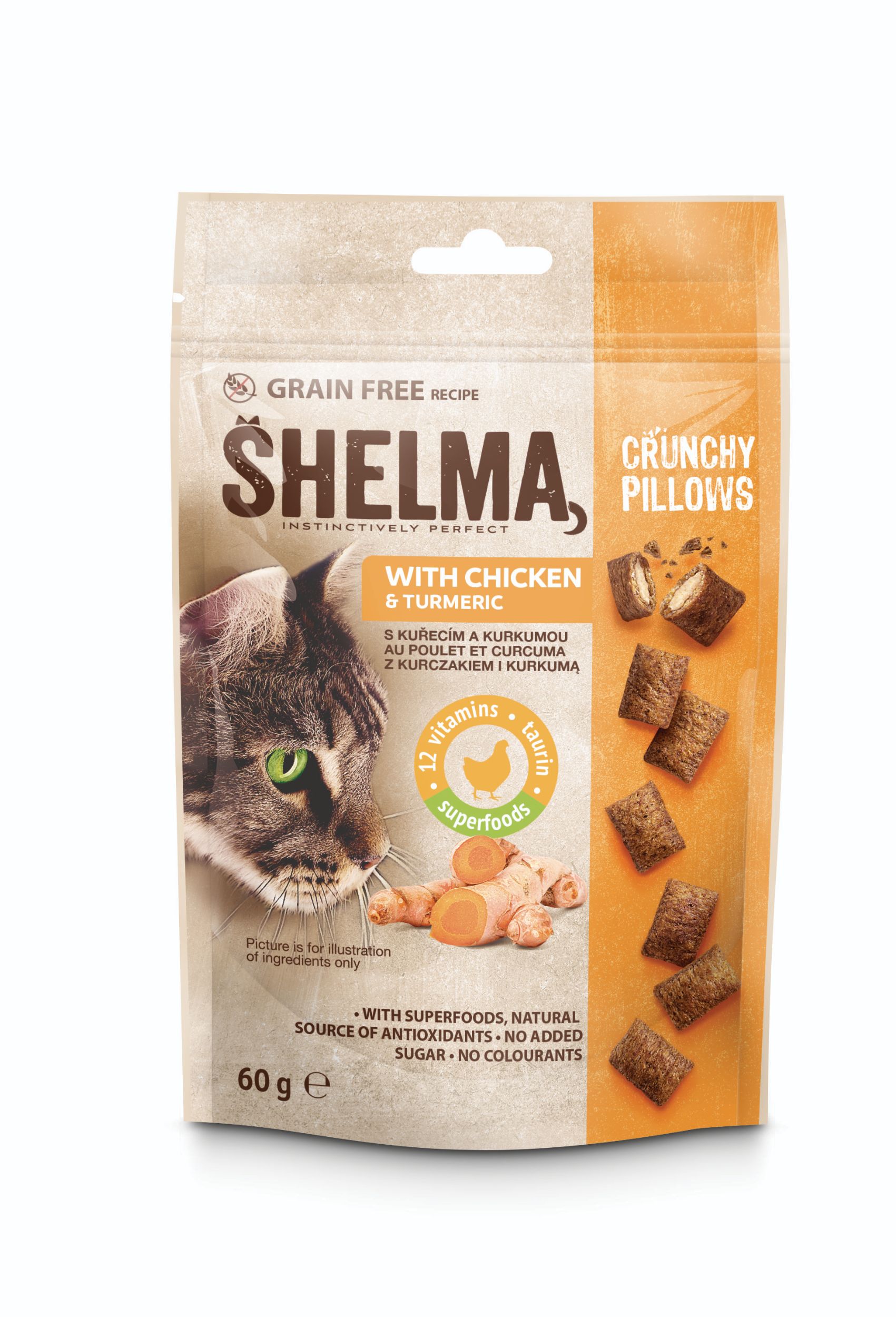 Svět zvířat - Shelma bezobilné polštářky pro kočku kuře/kurkuma 60 g