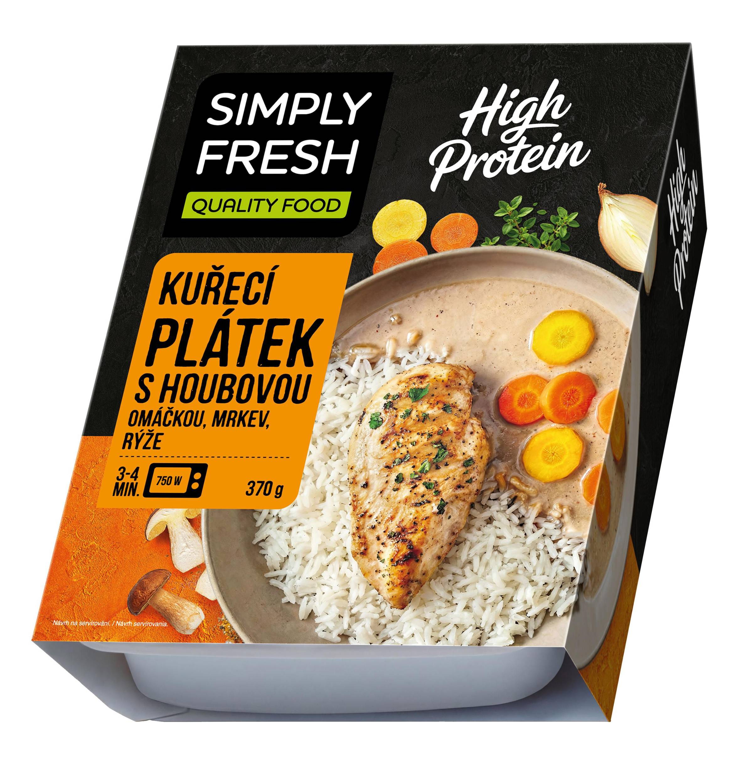 Hotová jídla - Simply Fresh Kuřecí plátek s houbovou omáčkou, mrkev, rýže 370g