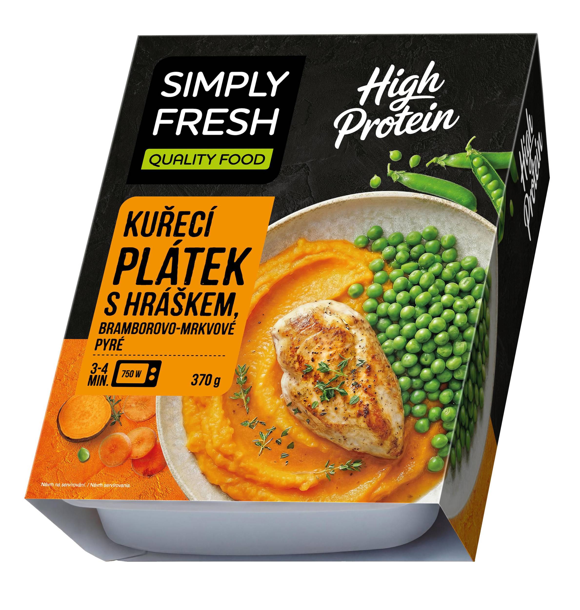 Hotová jídla - Simply Fresh Kuřecí plátek s hráškem, bramboro-mrkvové pyré 370g
