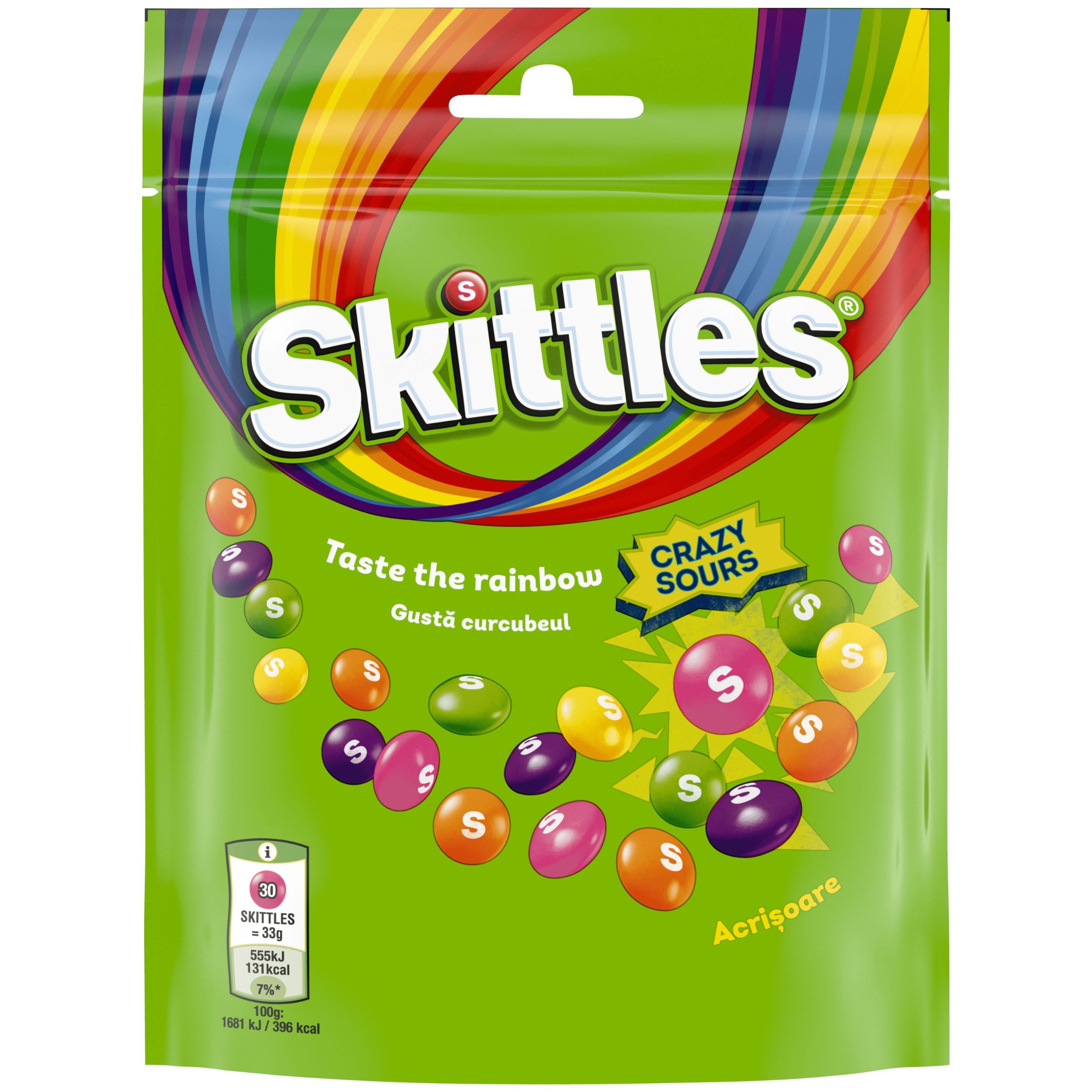 Trvanlivé potraviny - Skittles Crazy sours žvýkací bonbóny v křupavé krustě s kyselými ovocnými příchutěmi 174g