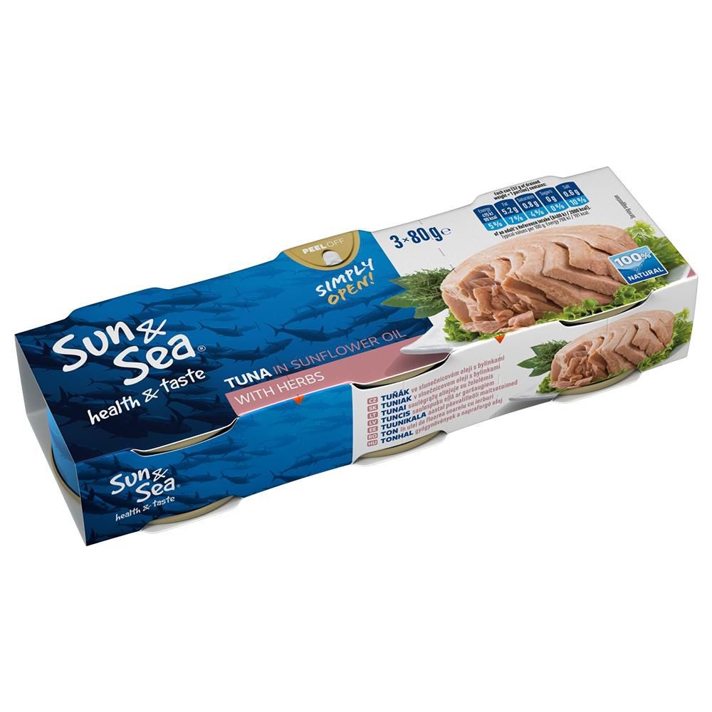 Trvanlivé potraviny - Sun & Sea Tuňák ve slunečnicovém oleji s bylinkami 3x80 g