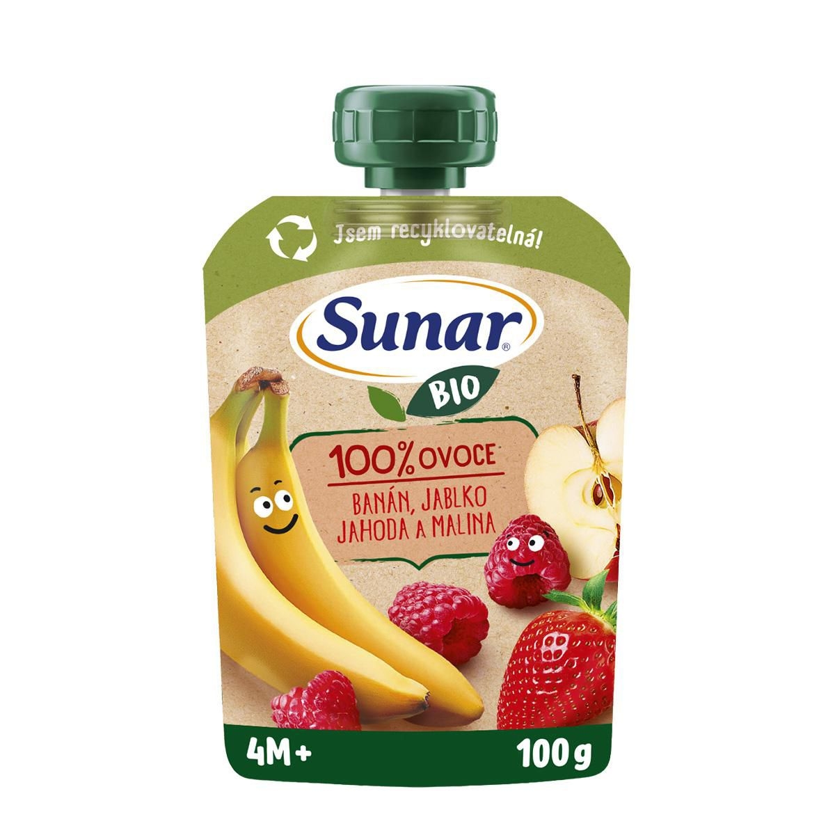 Svět dětí - Sunar BIO ovocná kapsička Banán, jablko, jahoda, malina 4m+, 100g