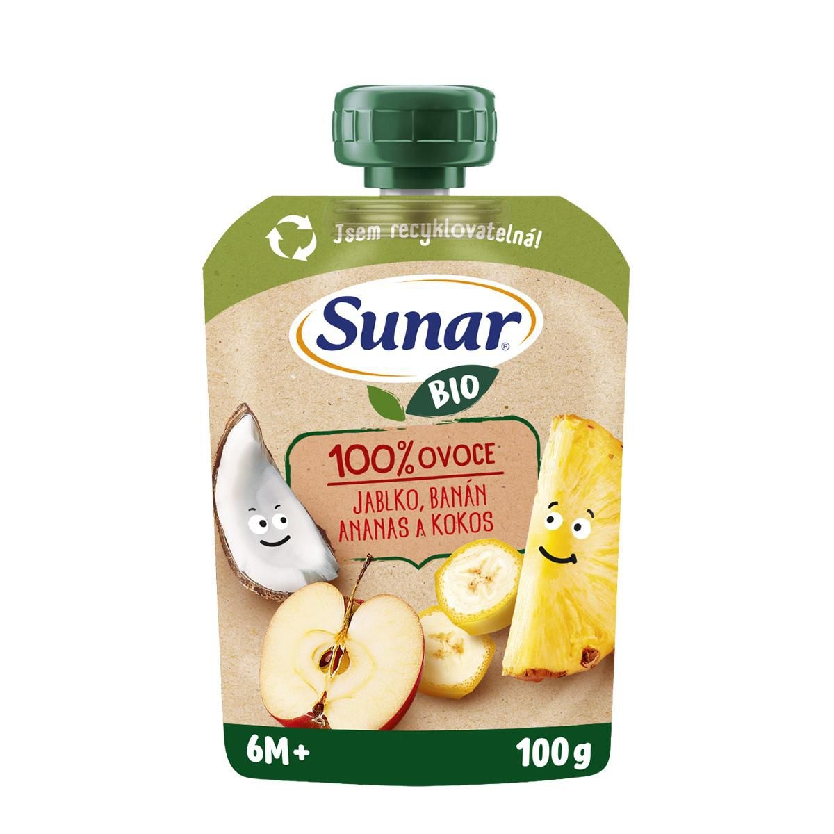 Svět dětí - Sunar BIO ovocná kapsička Jablko, banán, ananas, kokos 6m+, 100g
