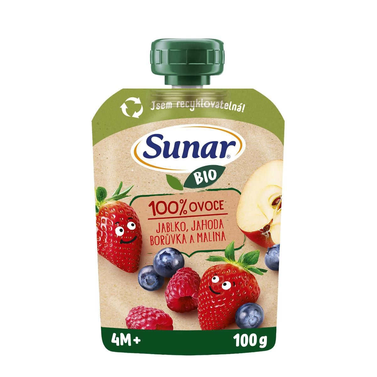 Svět dětí - Sunar BIO ovocná kapsička Jablko jahoda borůvka malina 4m+, 100g