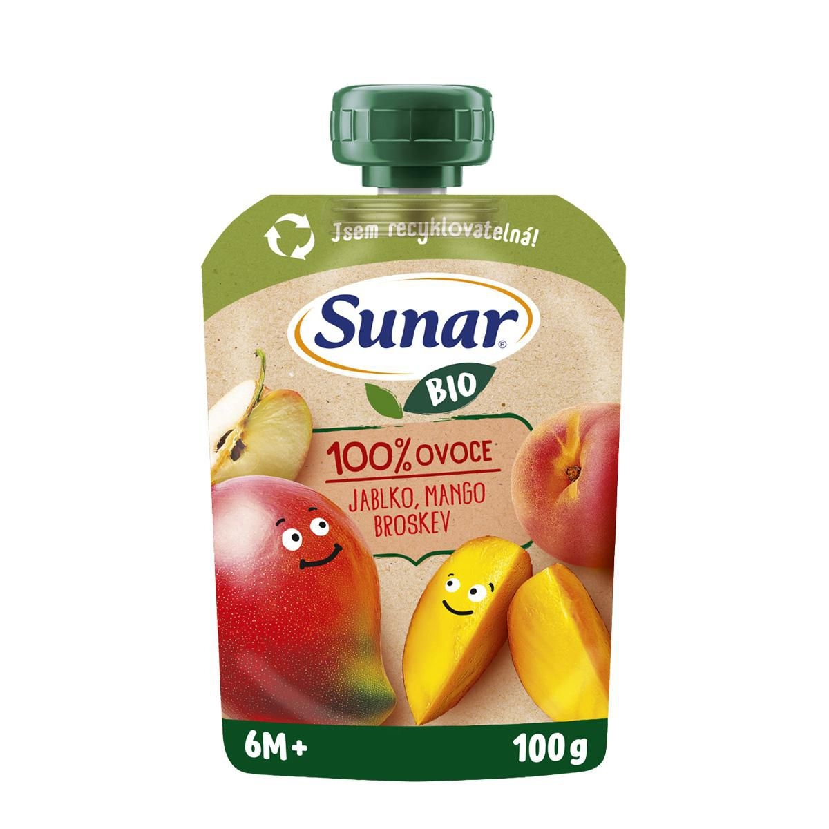 Svět dětí - Sunar BIO ovocná kapsička Jablko, mango, broskev 6m+, 100g