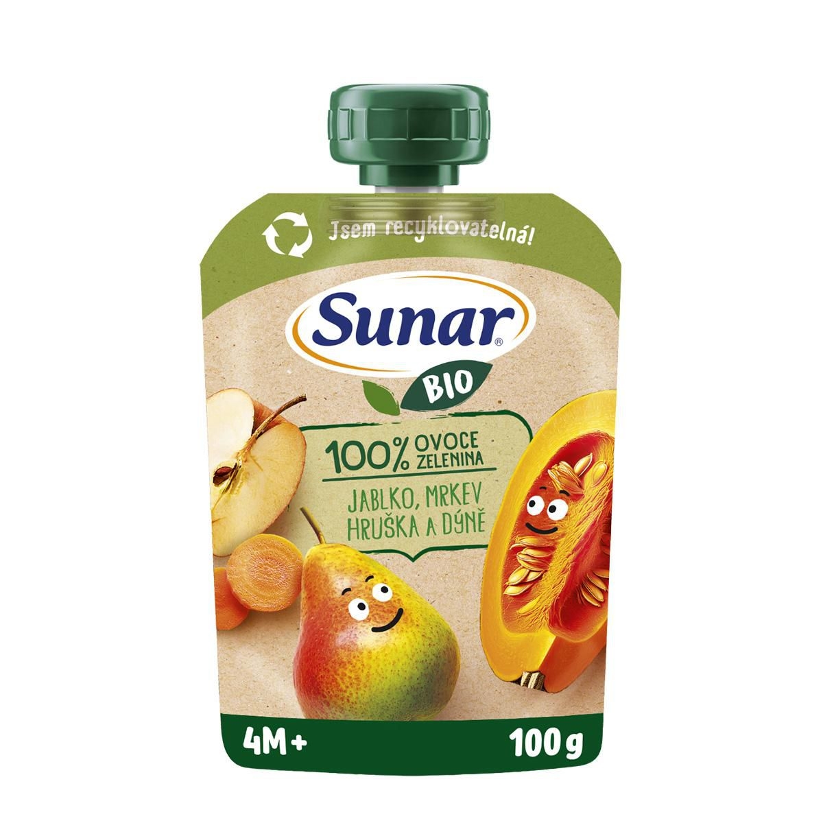 Svět dětí - Sunar BIO ovocno-zeleninová kapsička Jablko, hruška, mrkev, dýně 4m+, 100g